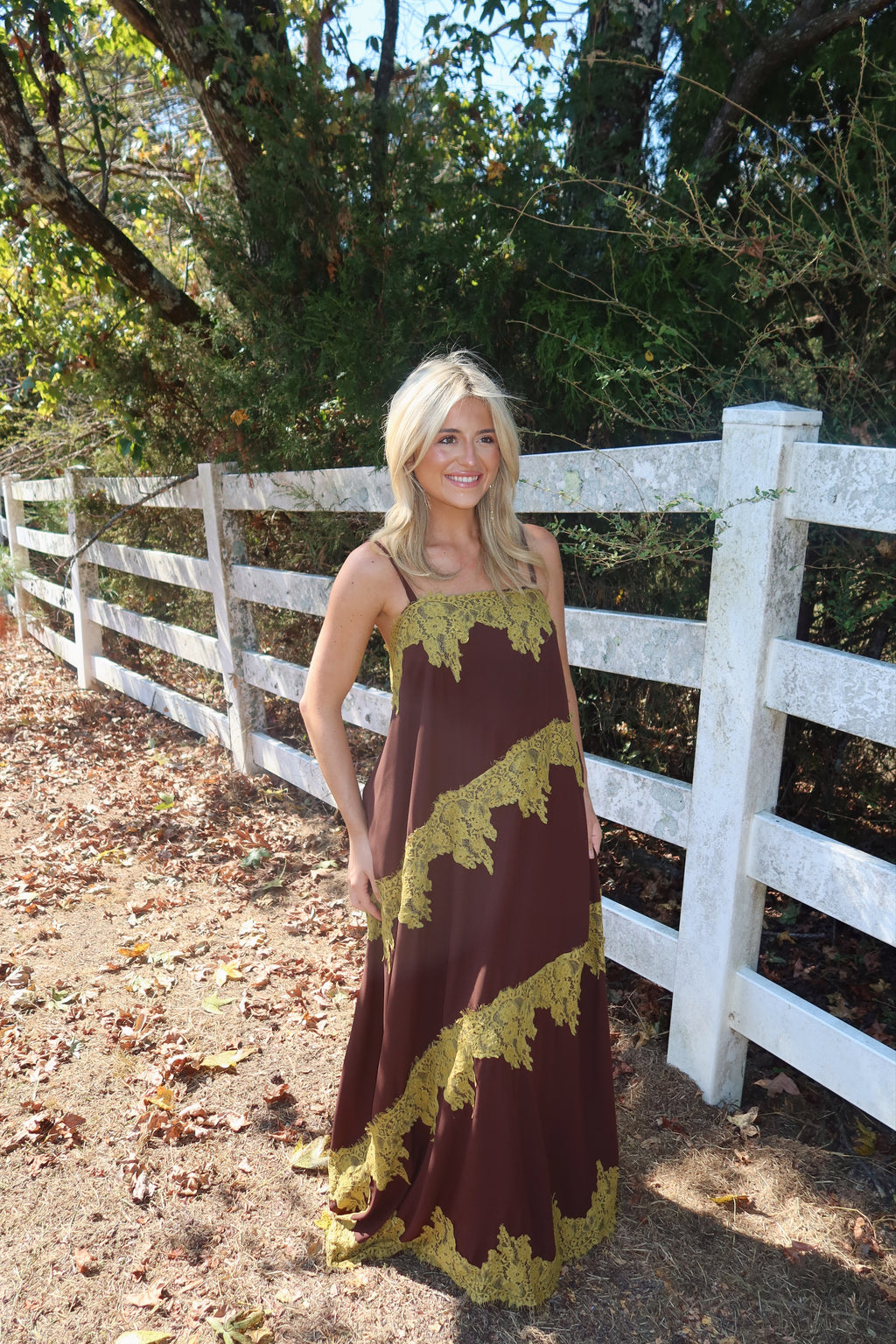 Maren Contrast Lace Trim Maxi Dress (brown & green)