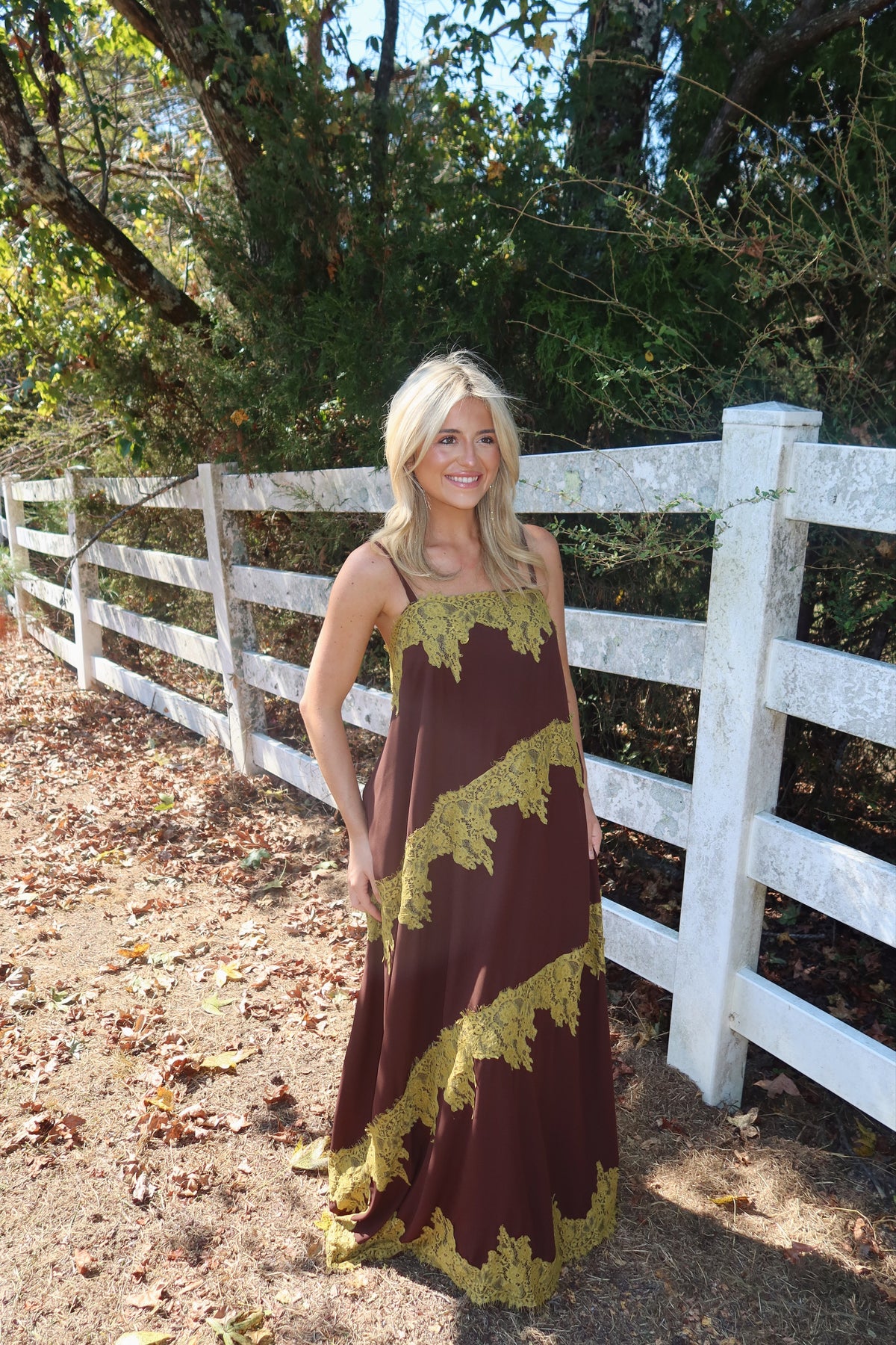 Maren Contrast Lace Trim Maxi Dress (brown & green)