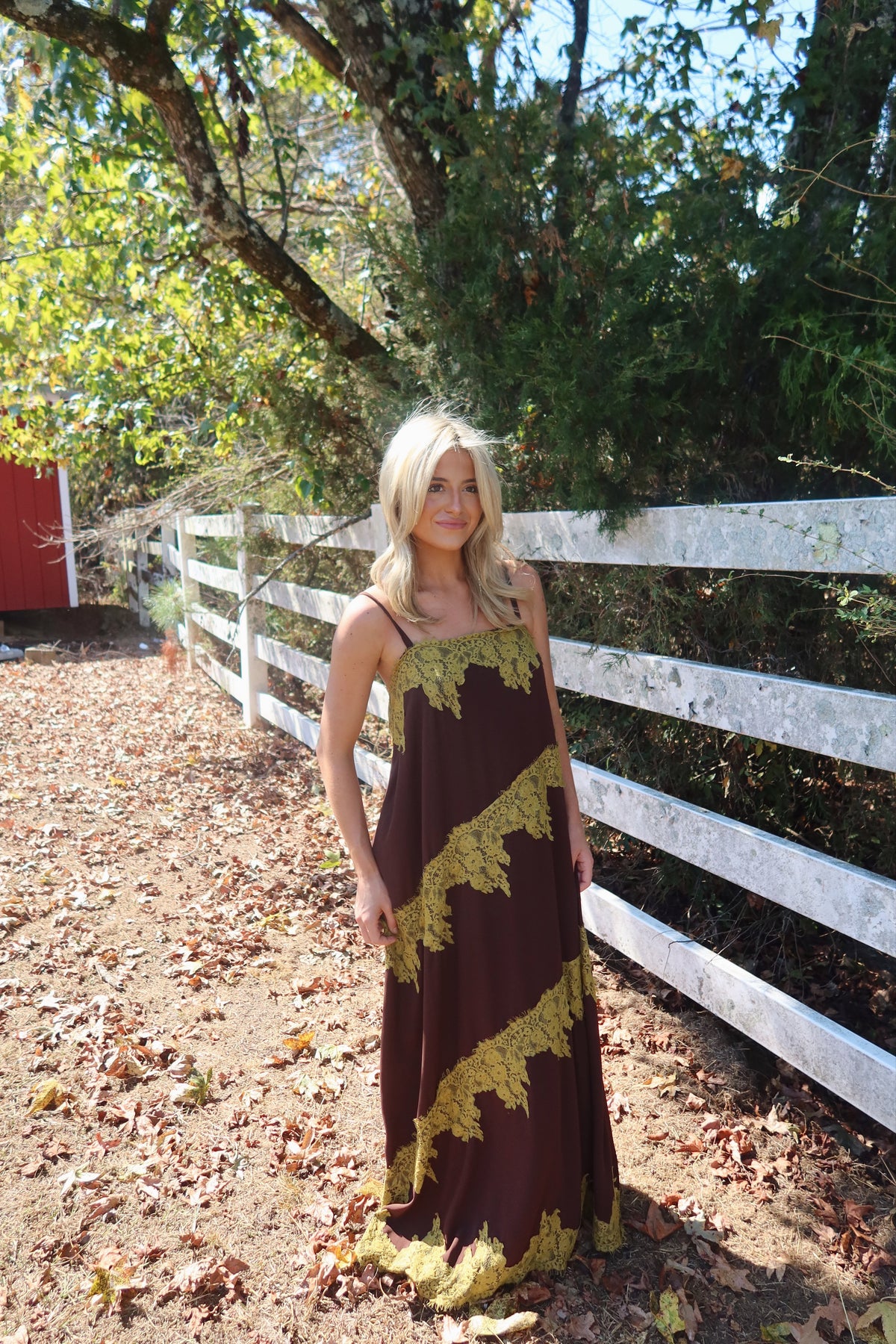 Maren Contrast Lace Trim Maxi Dress (brown & green)