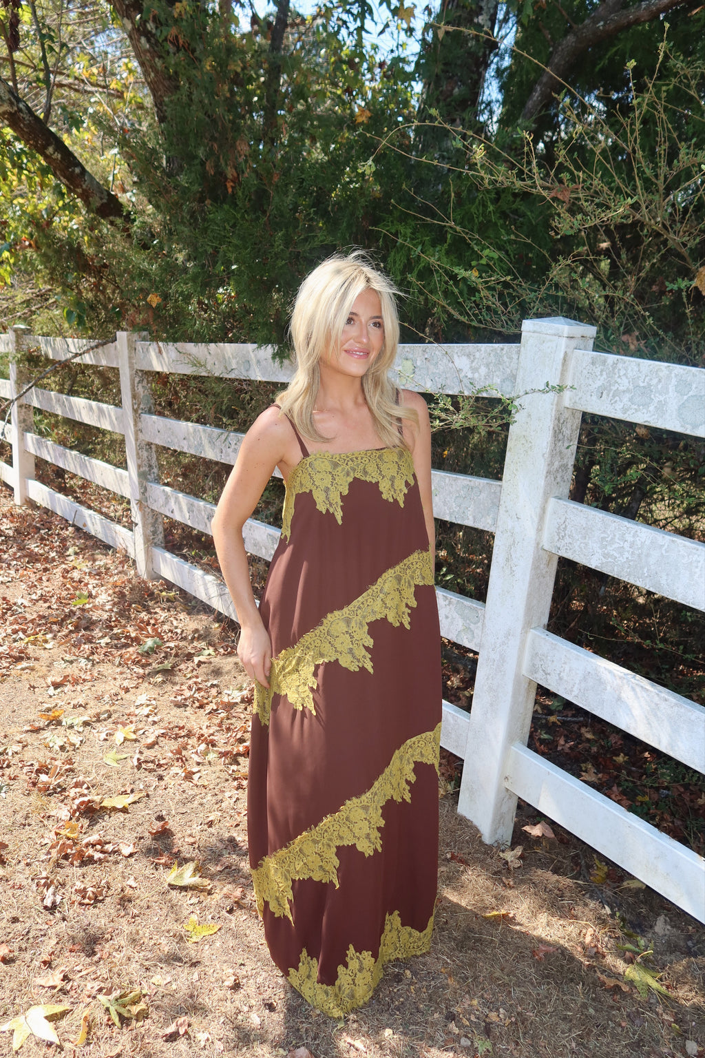 Maren Contrast Lace Trim Maxi Dress (brown & green)