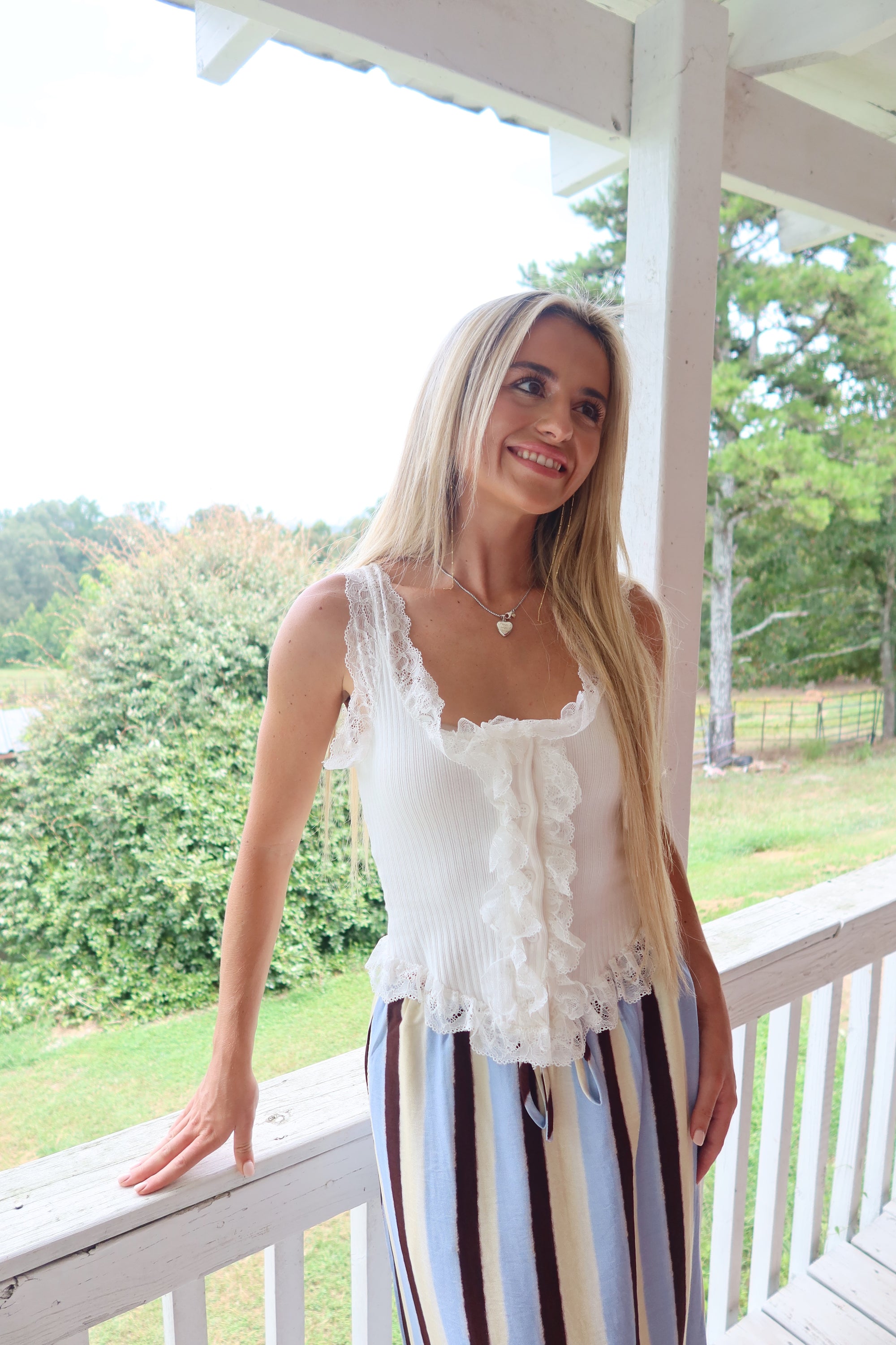Ribbed Lace Trim Button Top