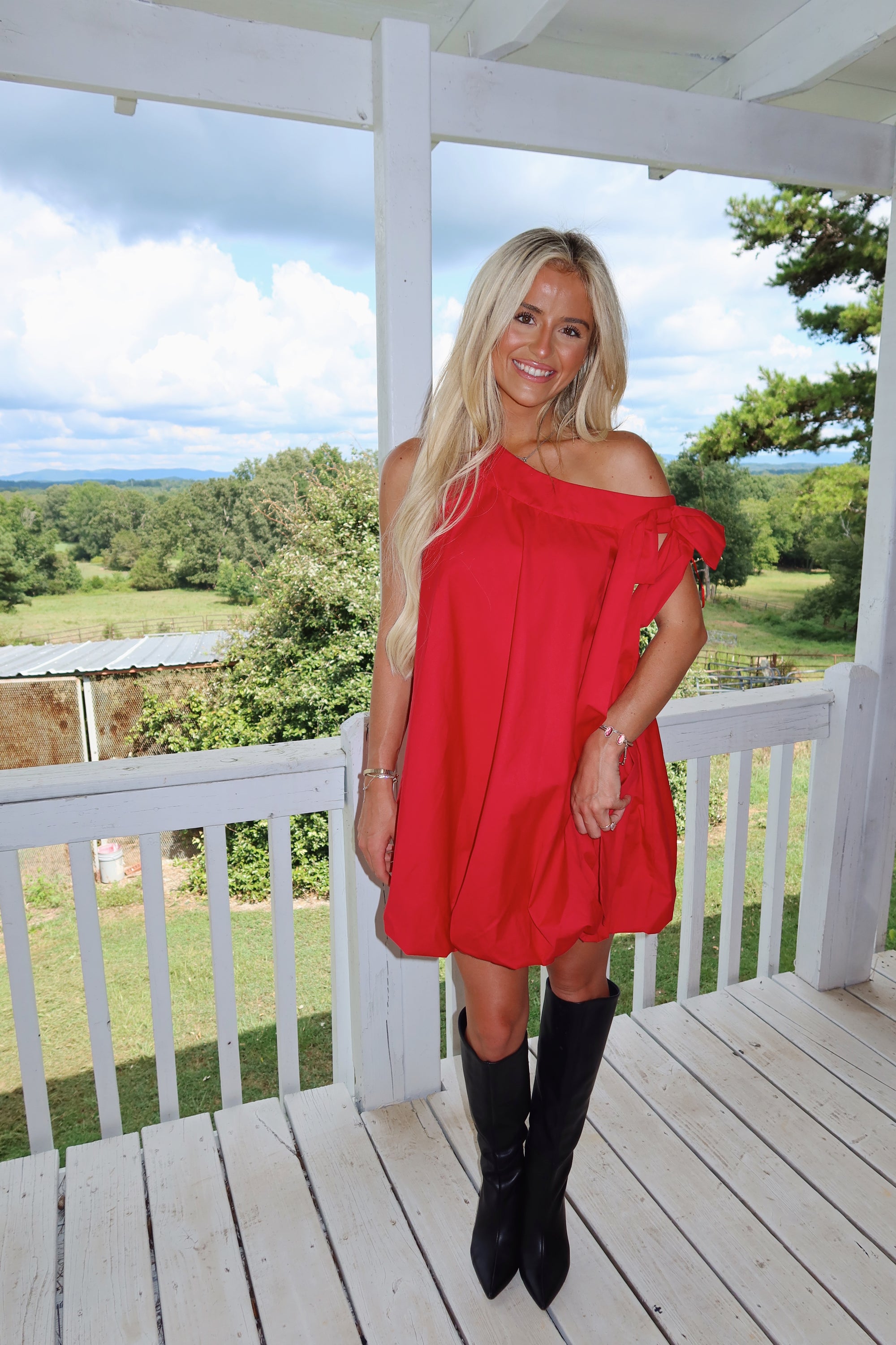 Balloon Hem One-Shoulder Mini Dress (Red)