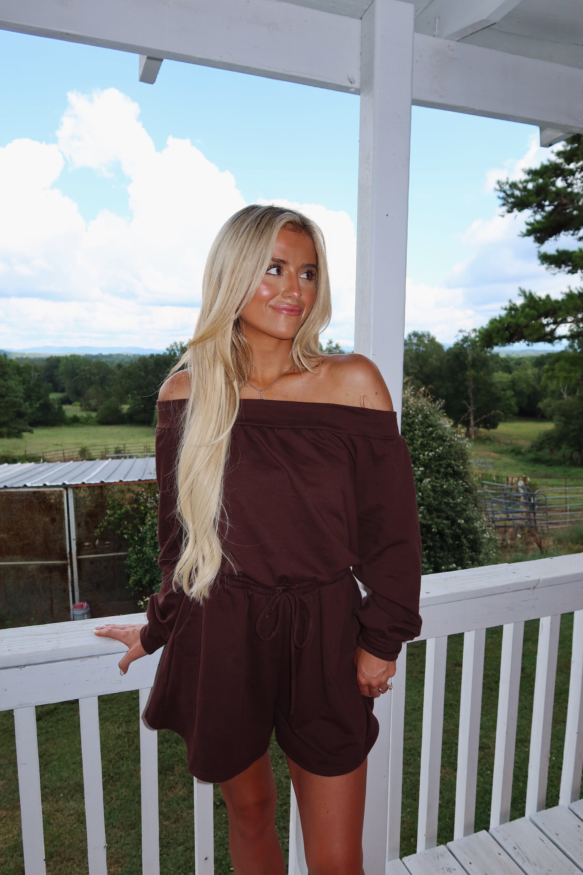 Sarah Off Shoulder Romper (Brown)