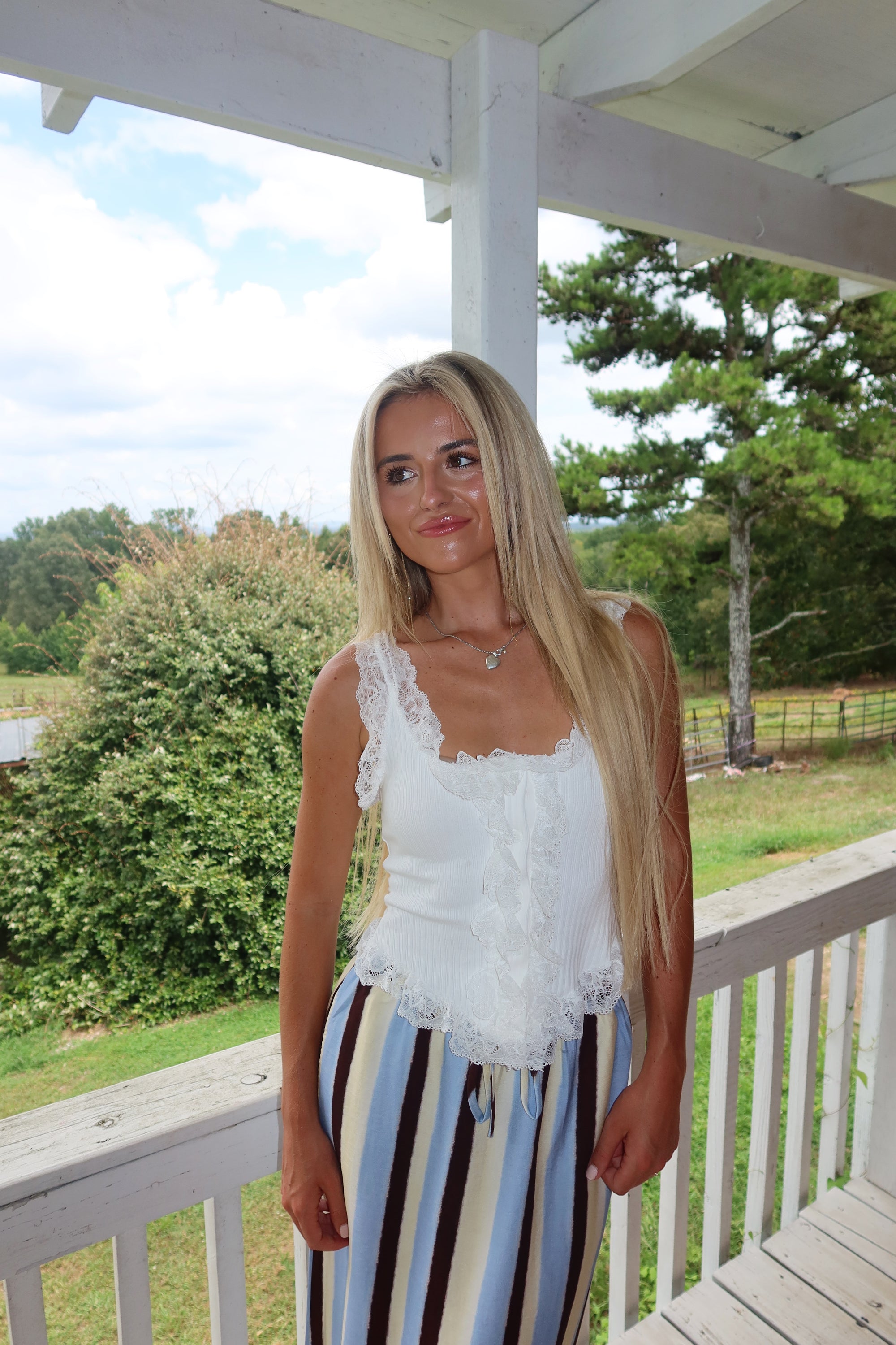Ribbed Lace Trim Button Top