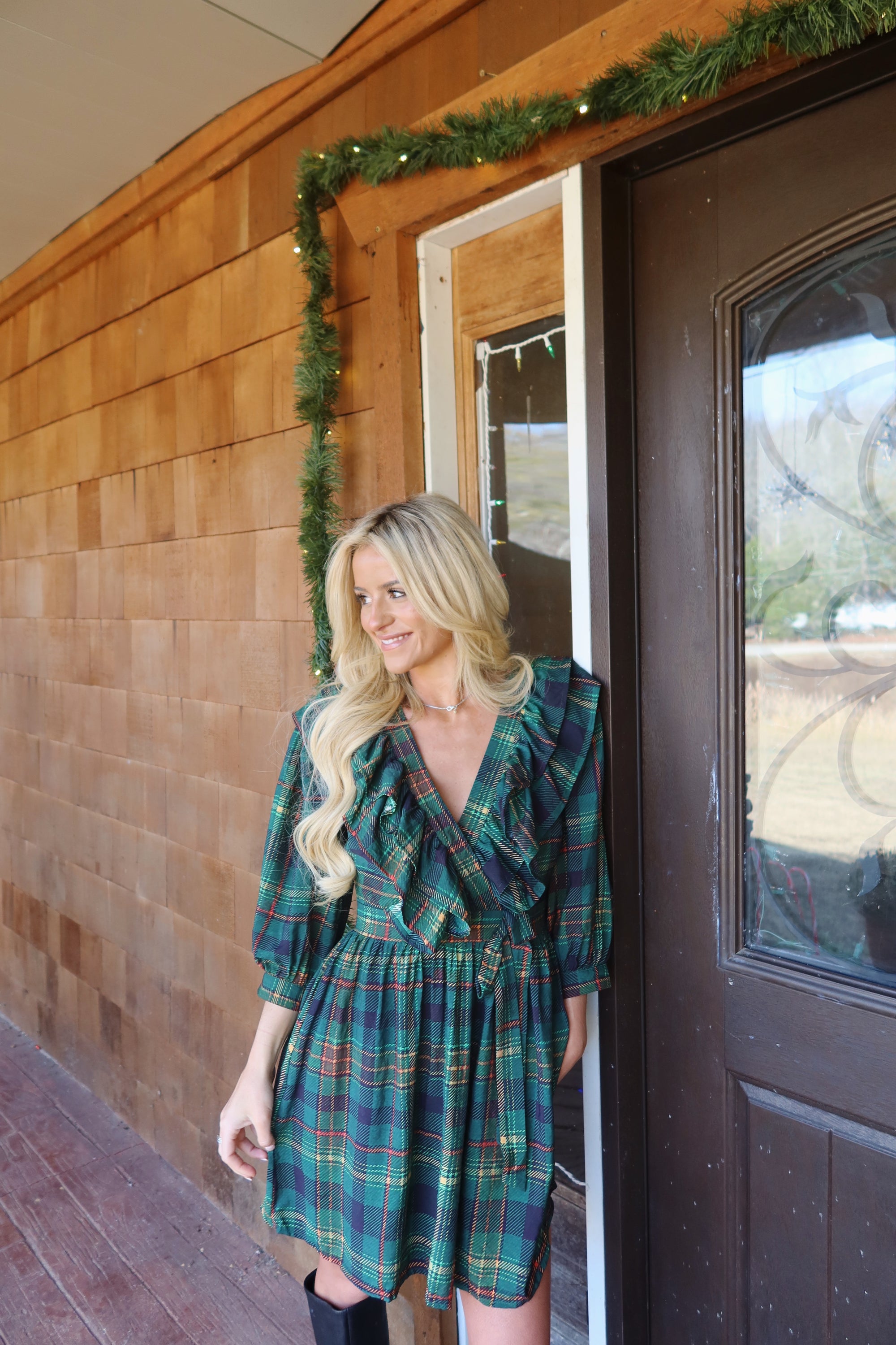 Evergreen Plaid Wrap Dress
