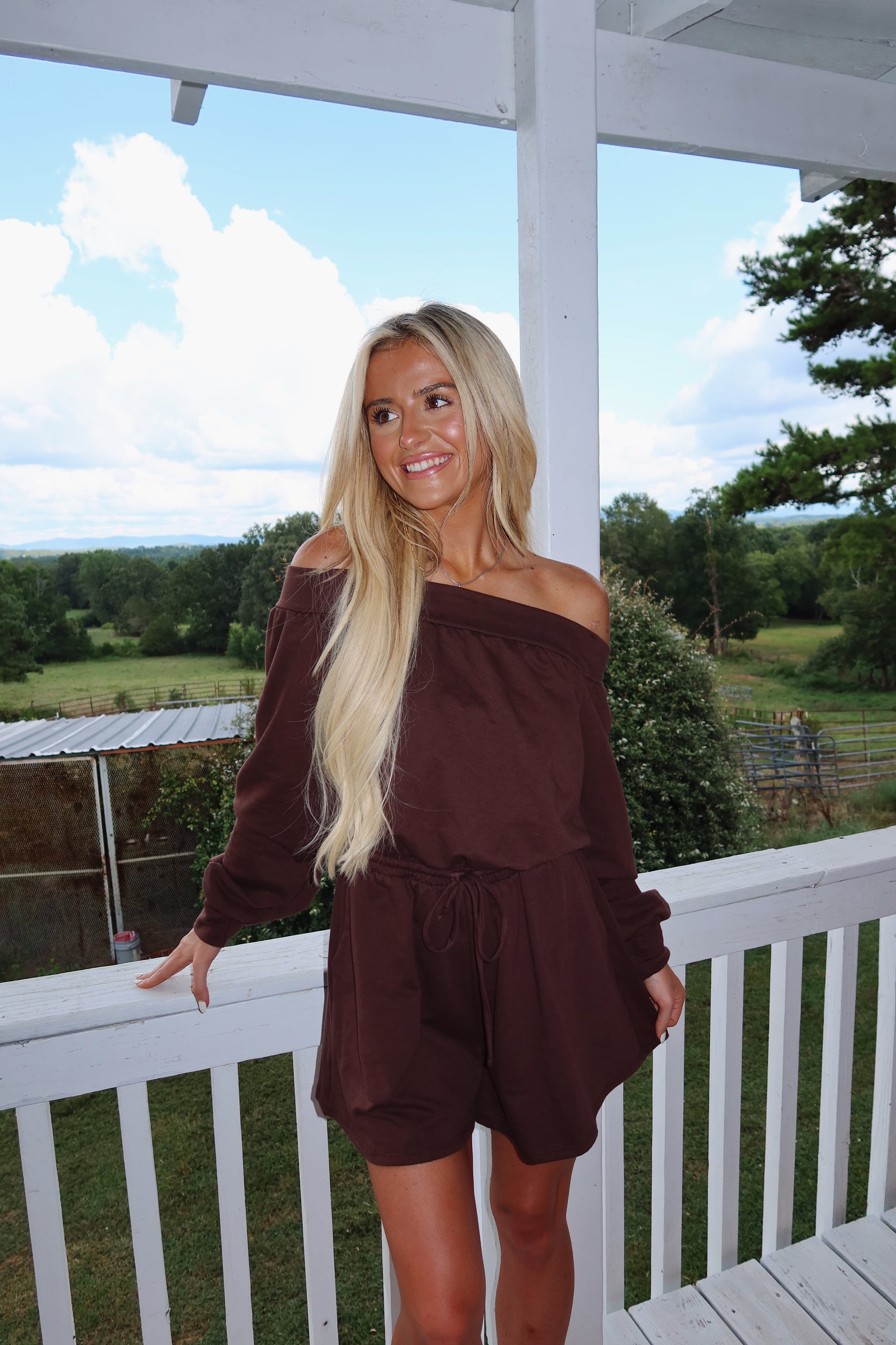 Sarah Off Shoulder Romper (Brown)
