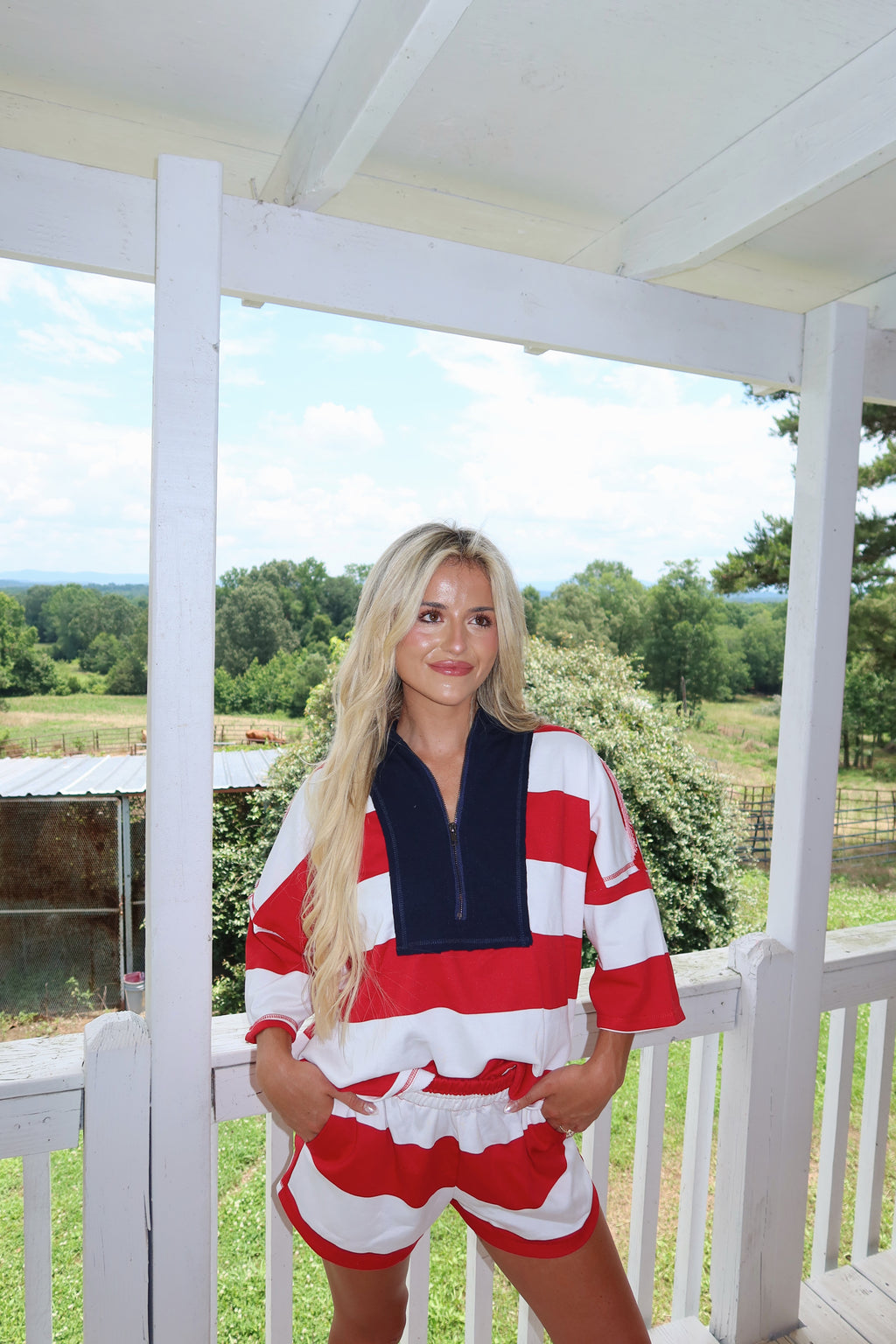 Camille Striped Half Zip Set- RED/NAVY