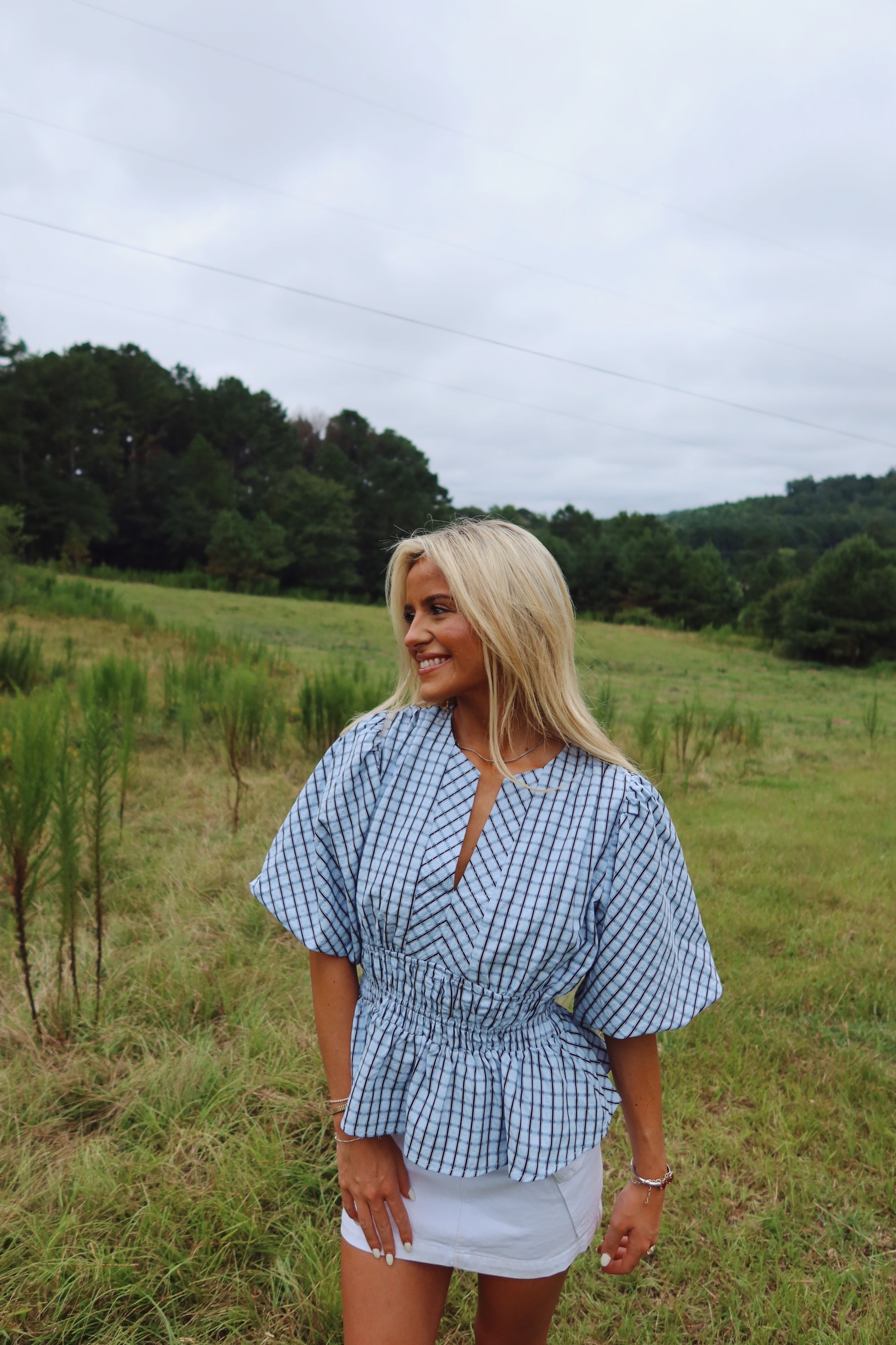 Checkered Puff Sleeve Blouse