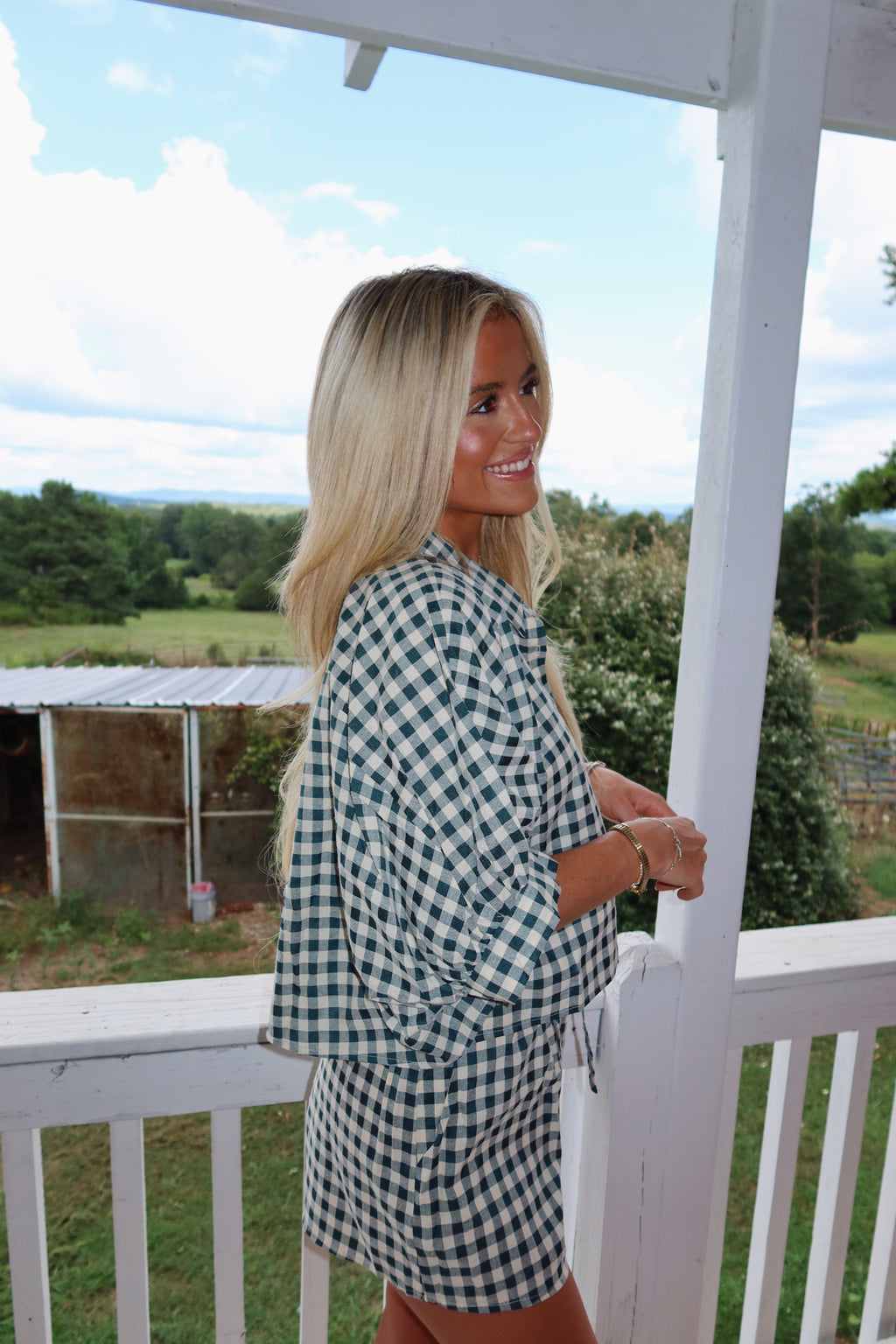 Gingham Cropped Button Down Set (Forest Green)