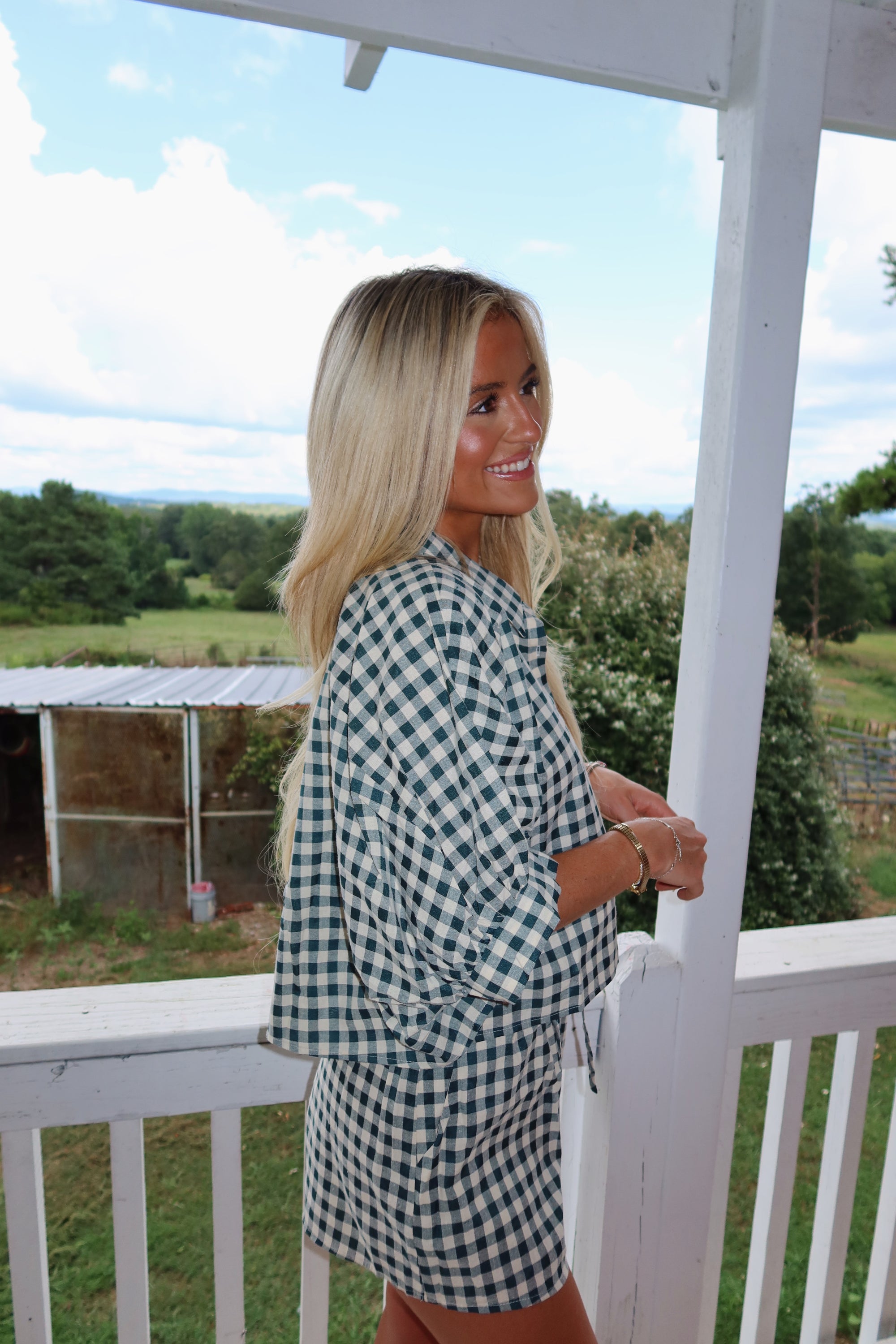Gingham Cropped Button Down Set (Forest Green)