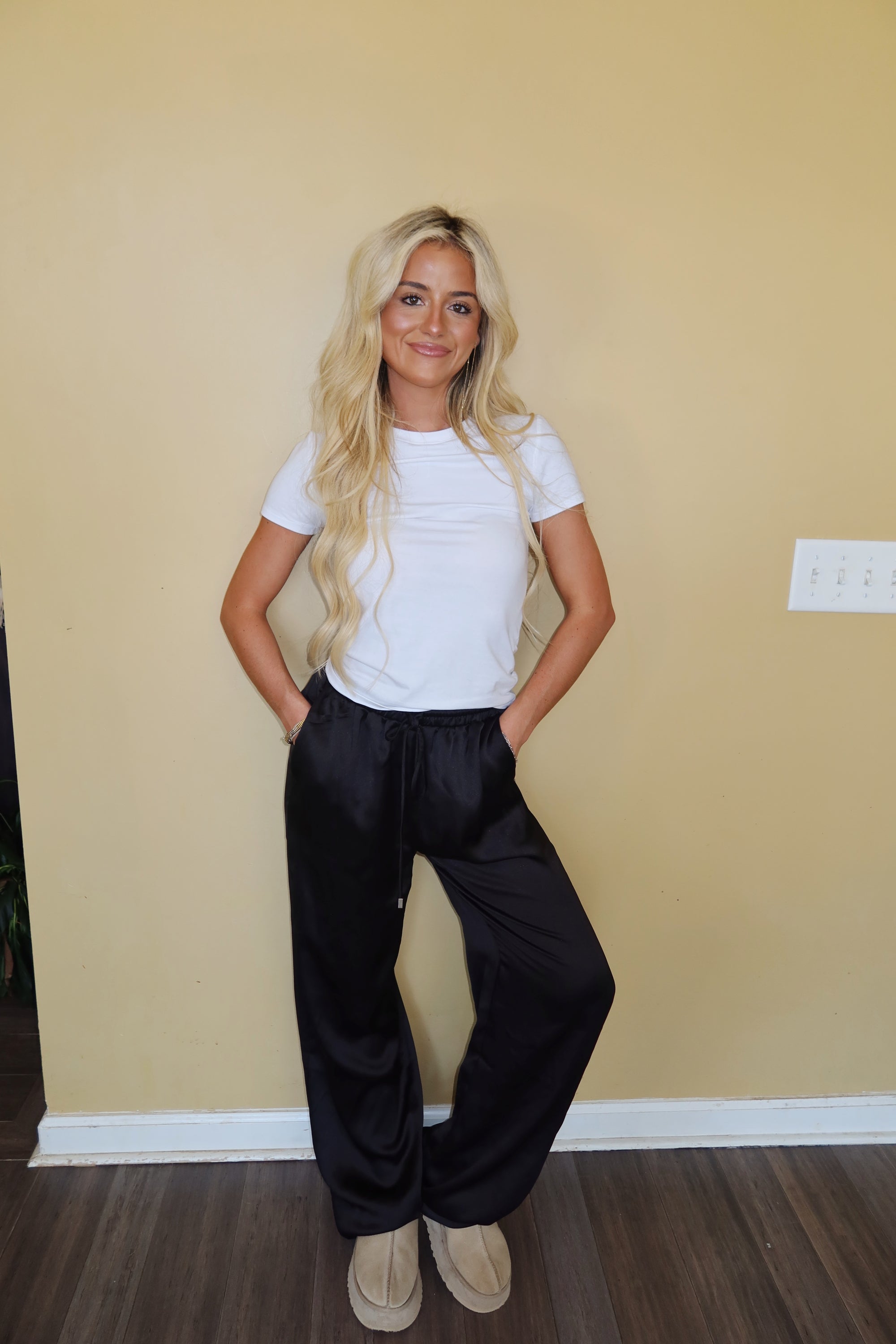Satin Waist Tie Pants (Black)