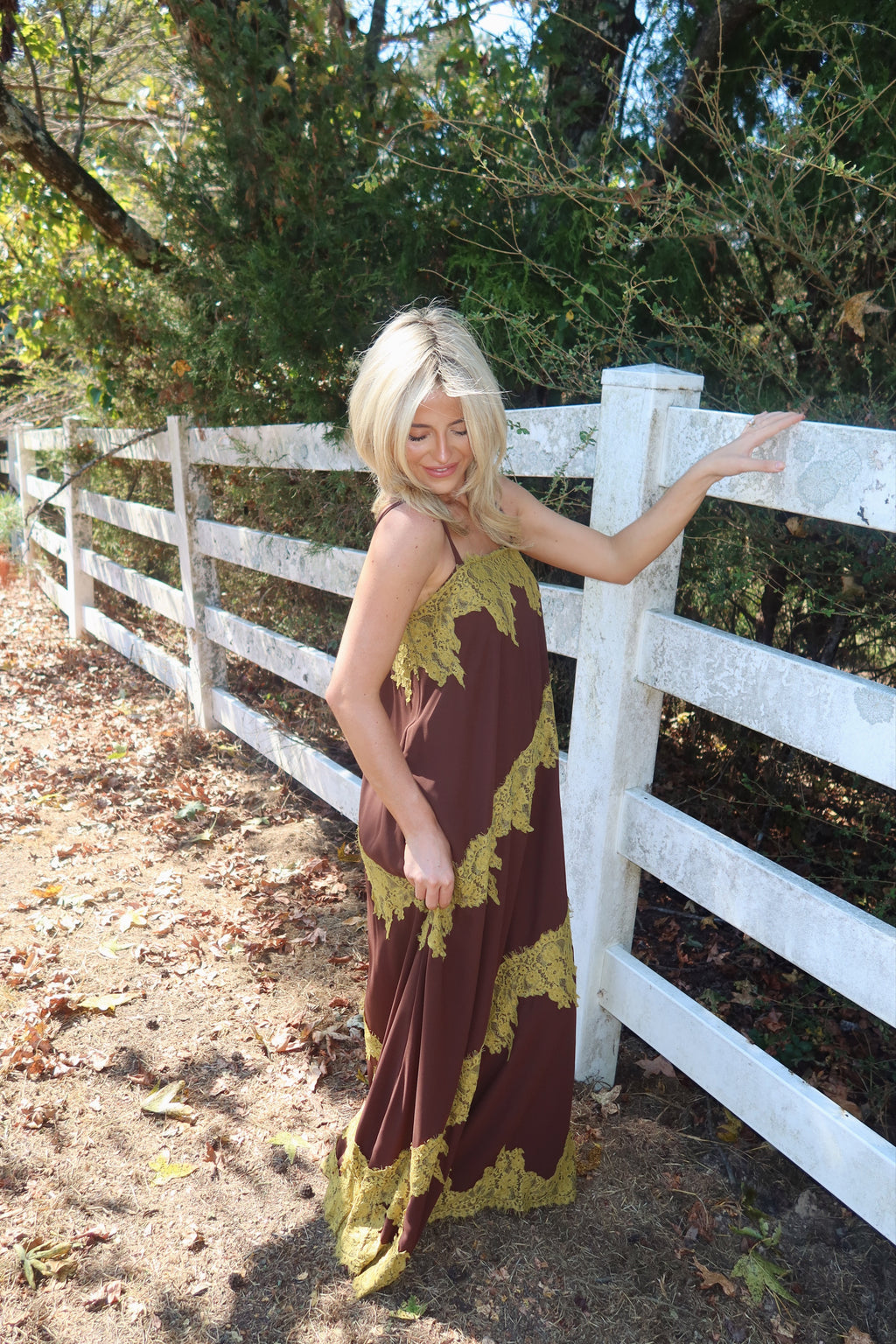 Maren Contrast Lace Trim Maxi Dress (brown & green)