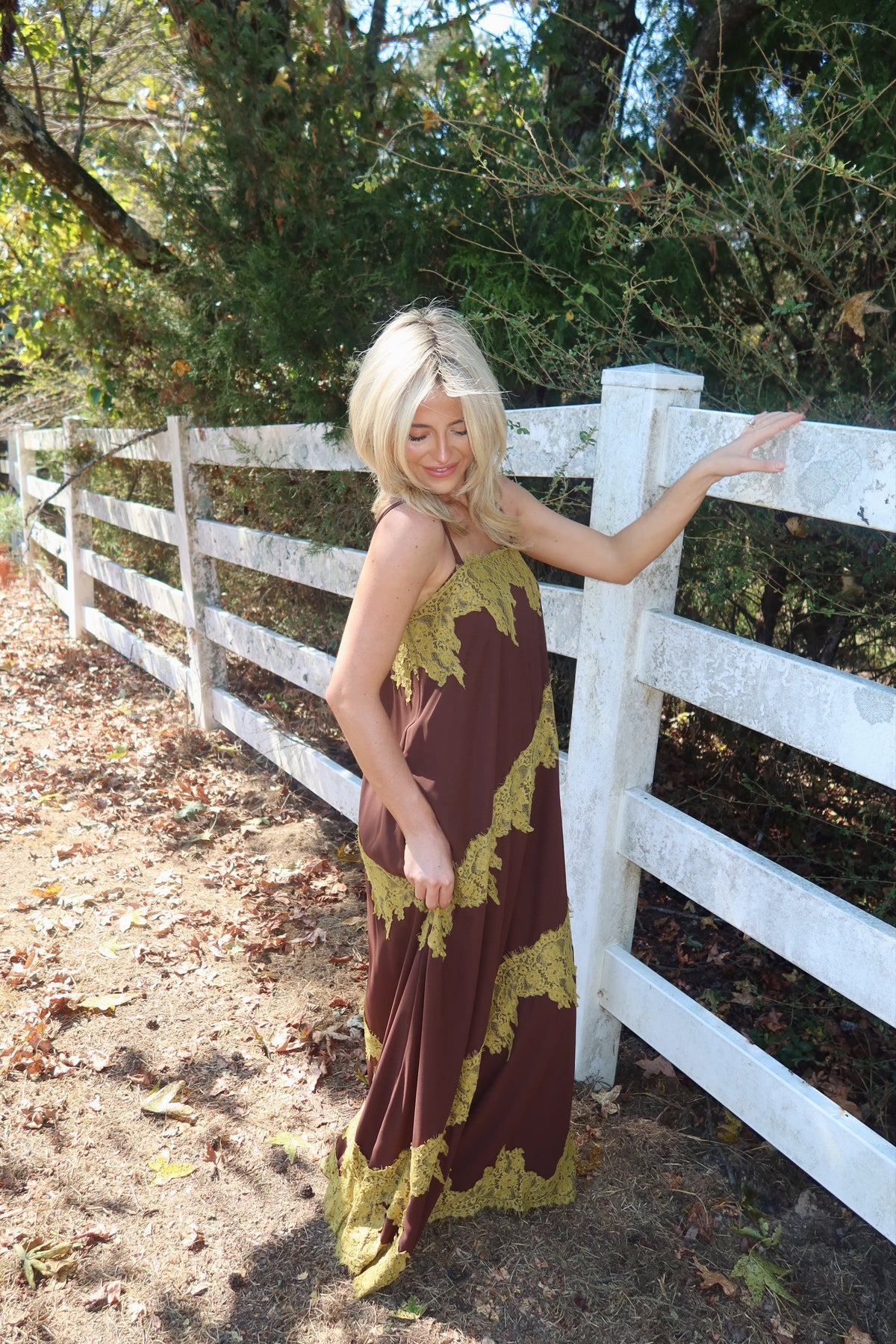 Maren Contrast Lace Trim Maxi Dress (brown & green)