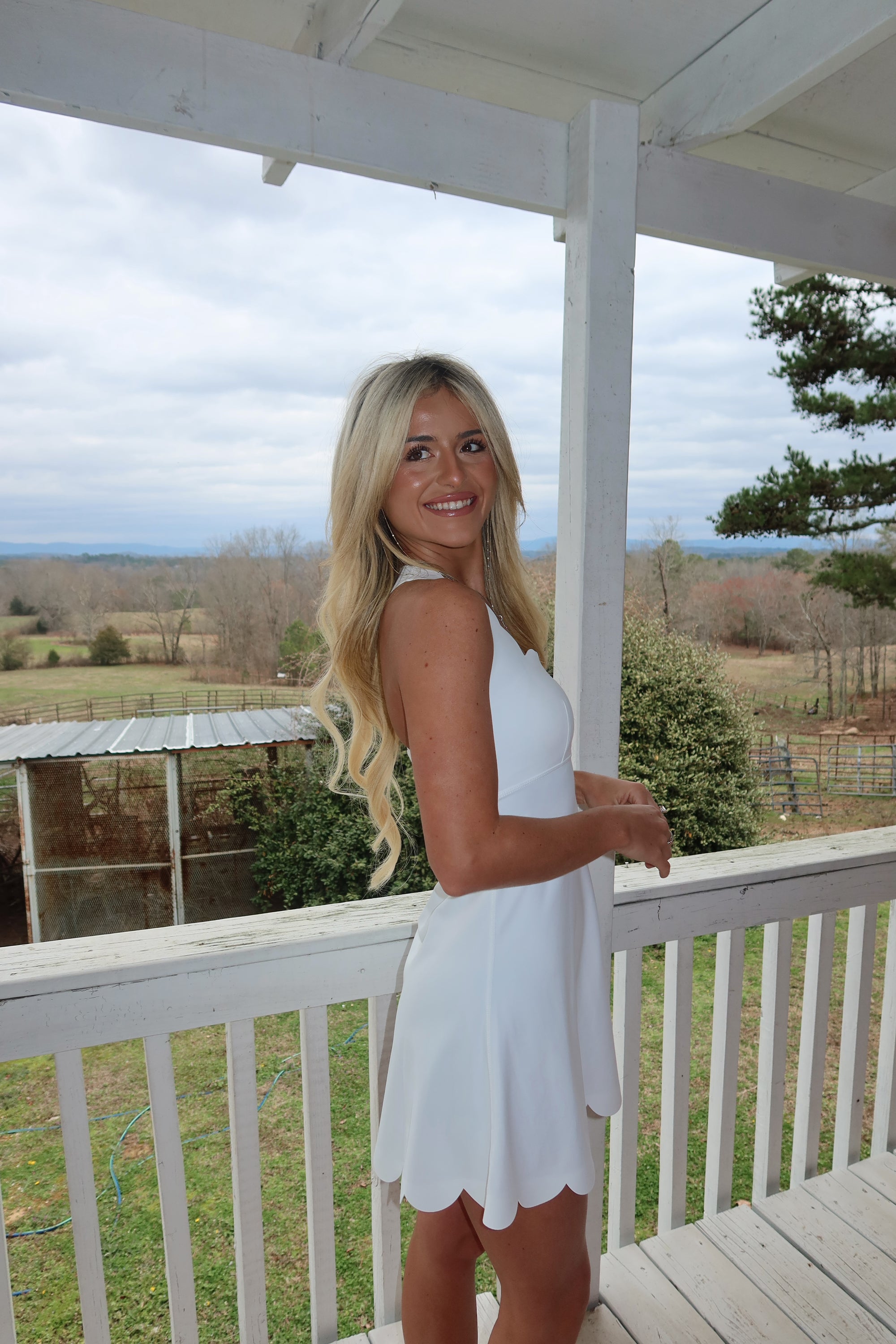 Willow Scalloped Fit and Flare Mini Dress (White)