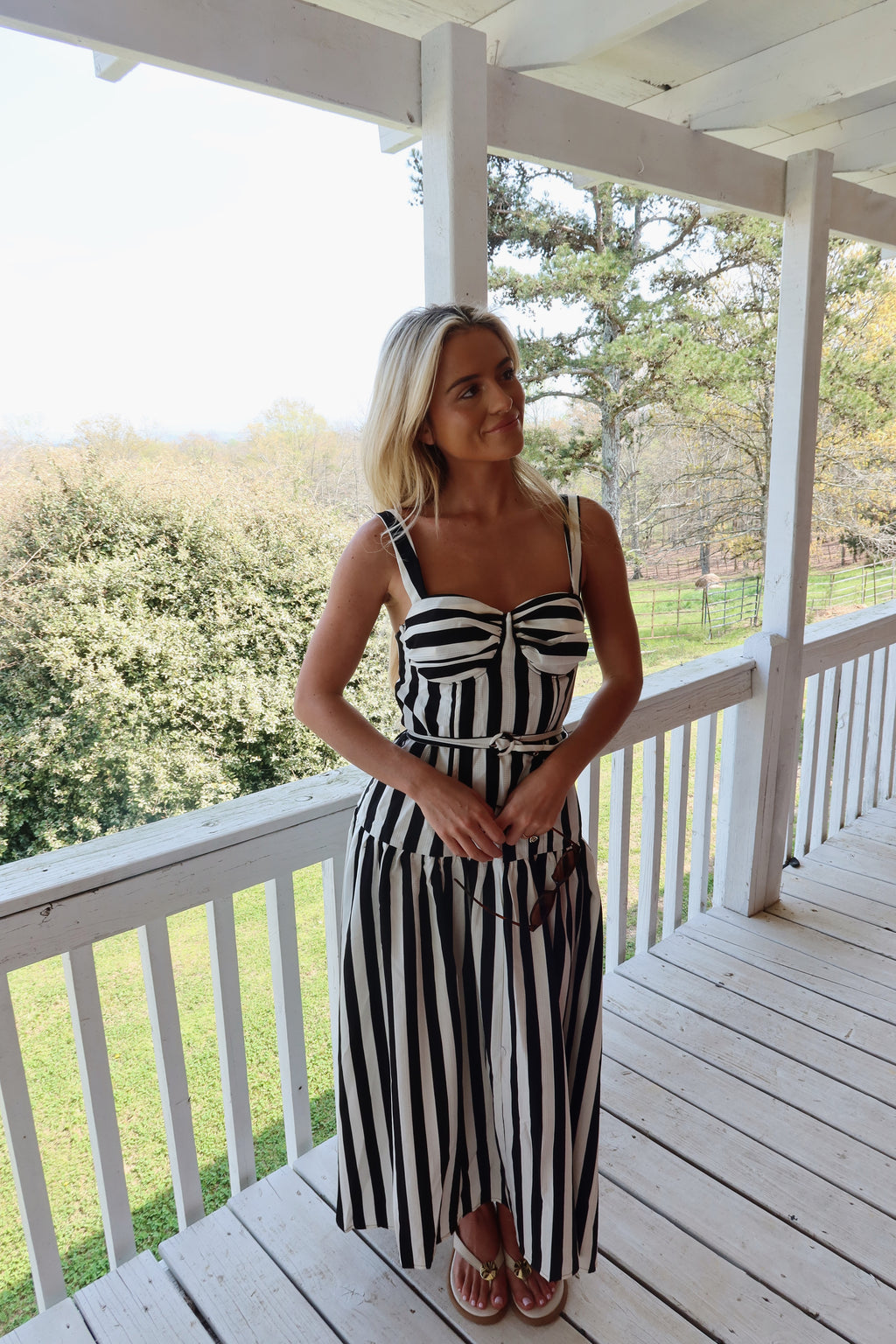 The Monaco Striped Belted Midi Dress
