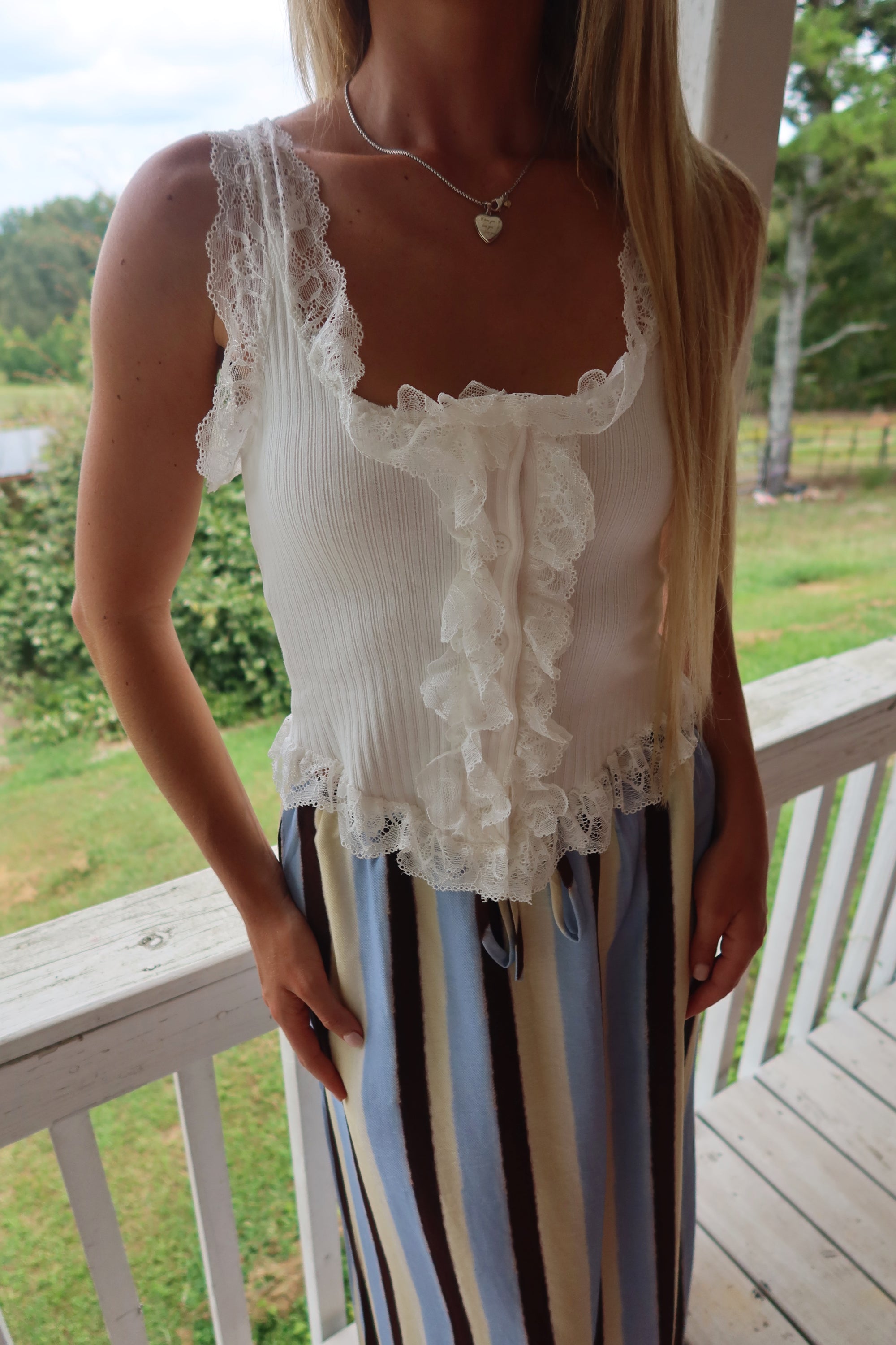 Ribbed Lace Trim Button Top