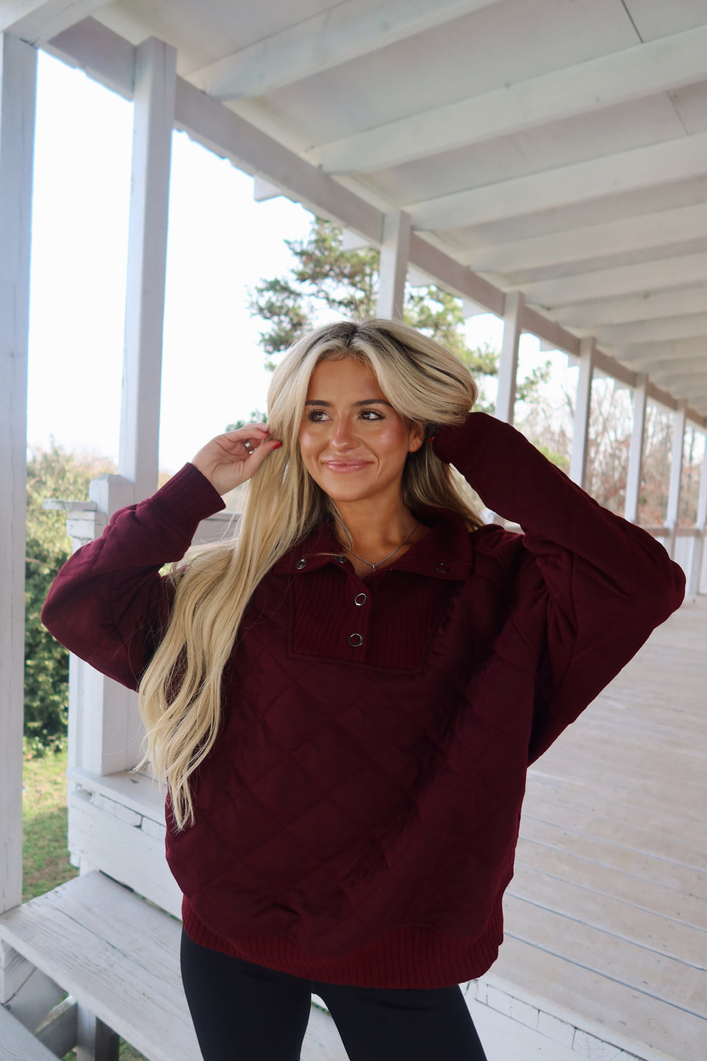 Dark Cherry Quilted Snap Pullover