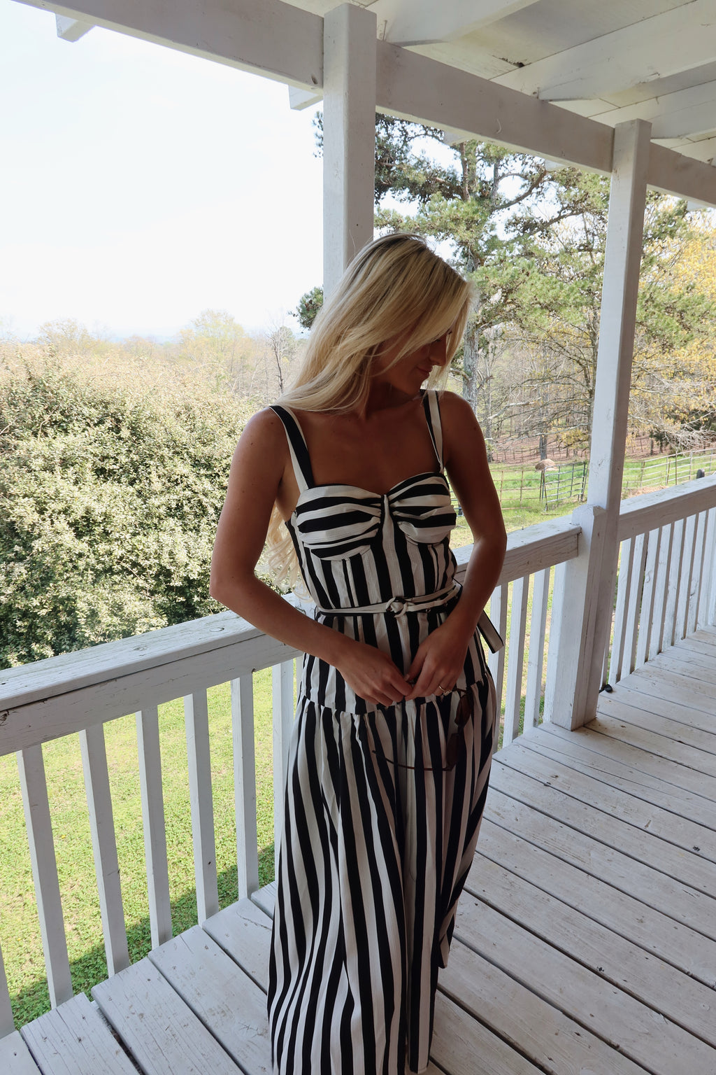 The Monaco Striped Belted Midi Dress