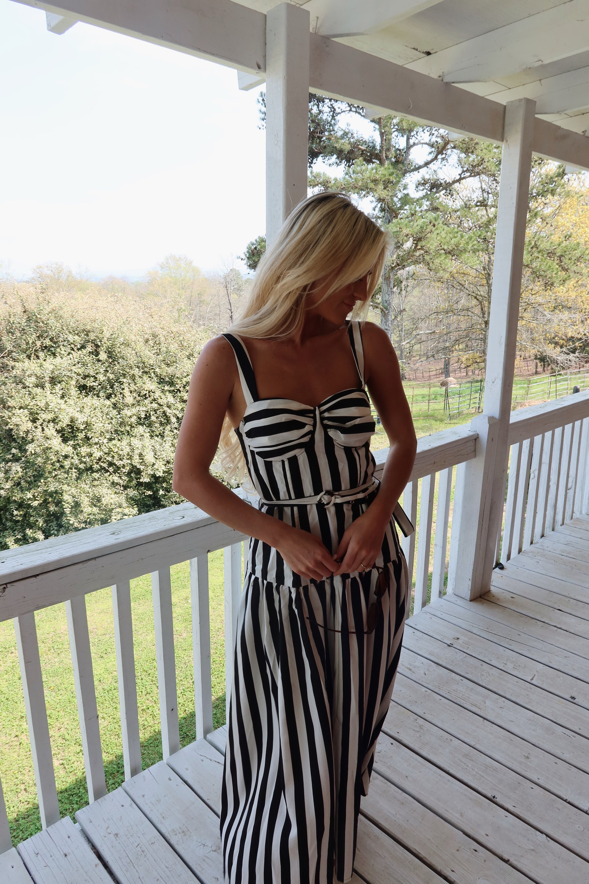 The Monaco Striped Belted Midi Dress