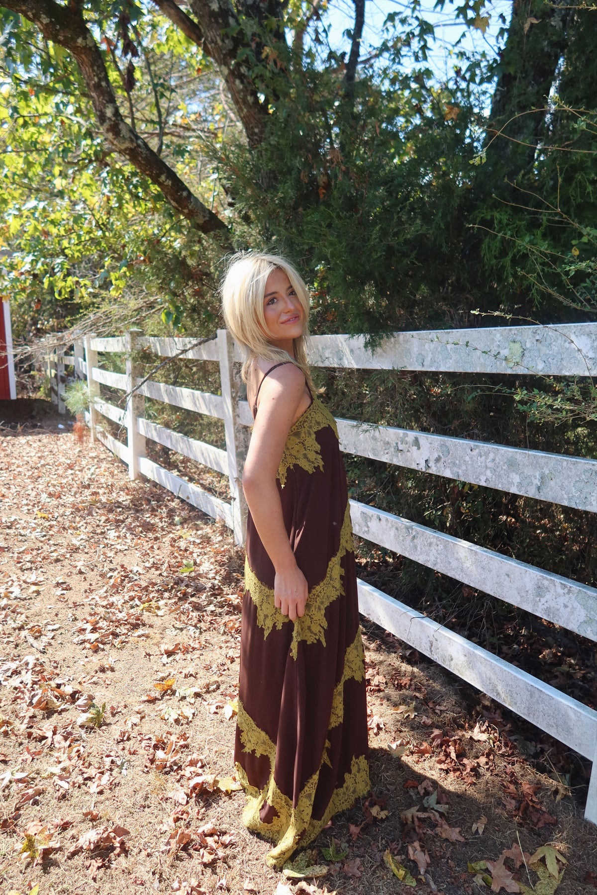 Maren Contrast Lace Trim Maxi Dress (brown & green)