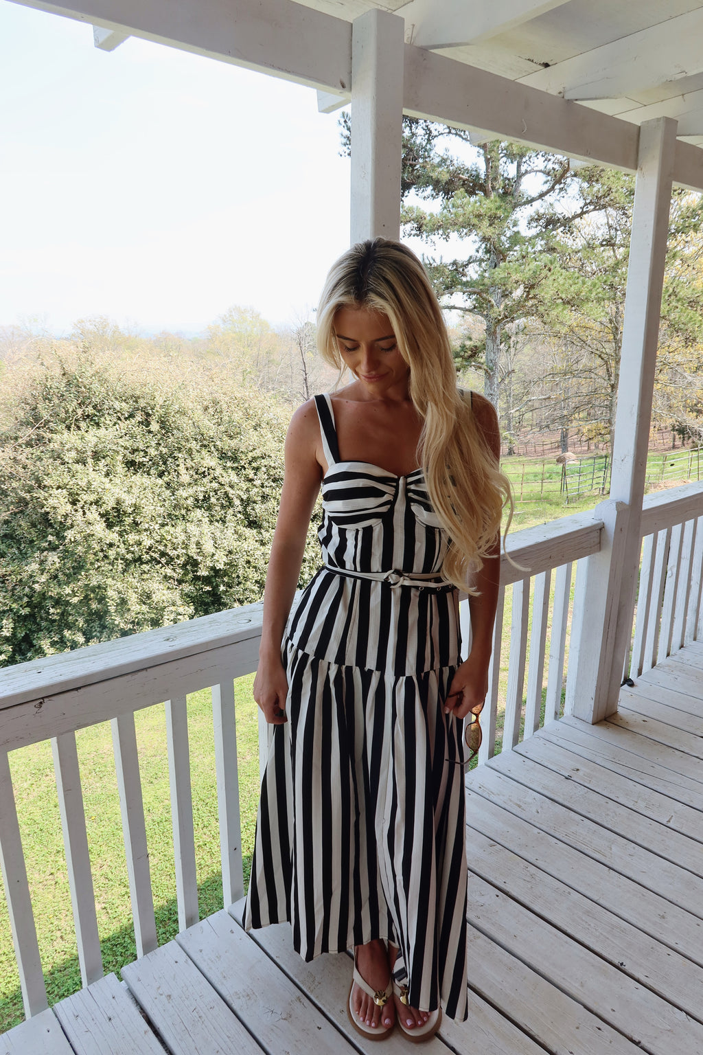 The Monaco Striped Belted Midi Dress