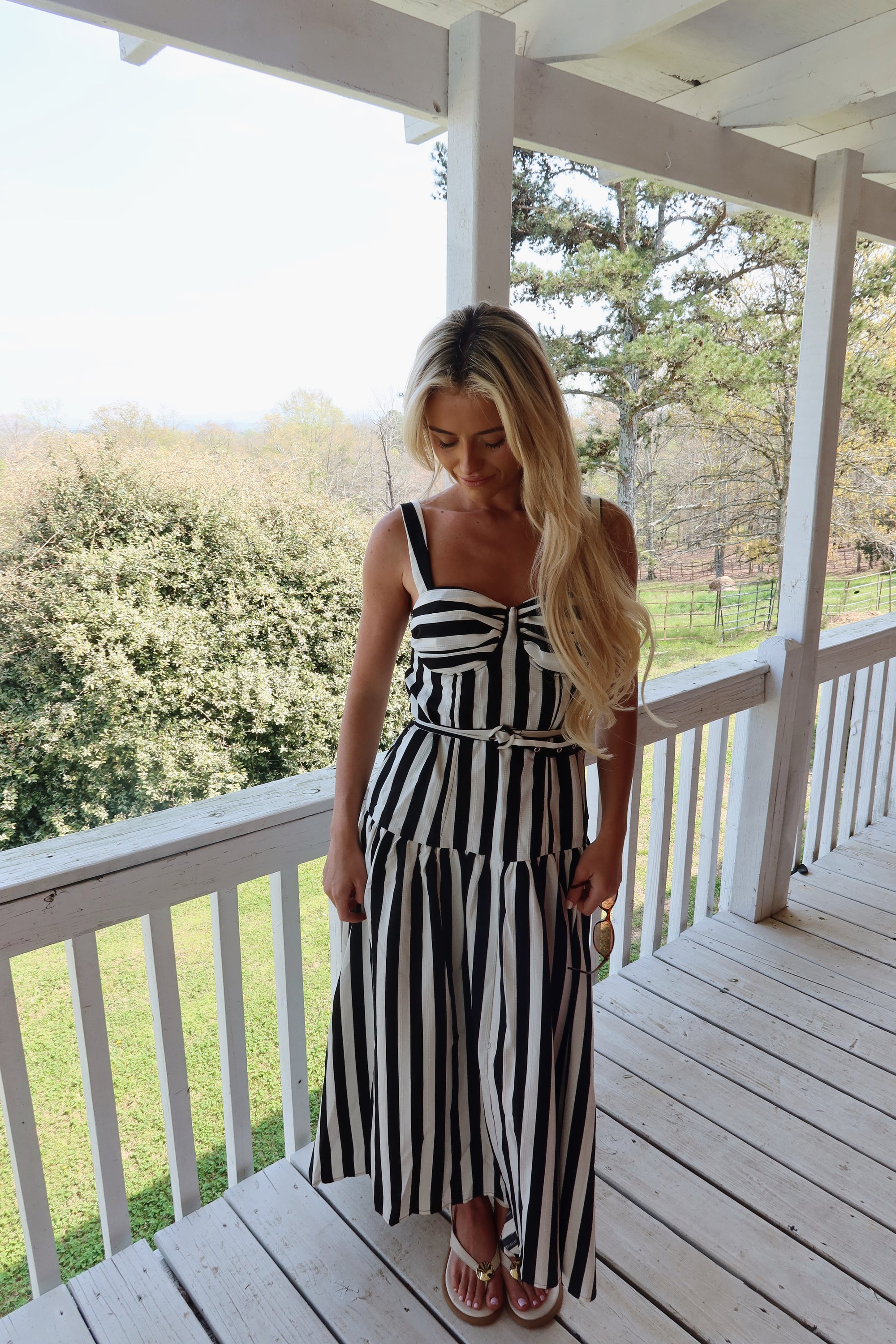 The Monaco Striped Belted Midi Dress