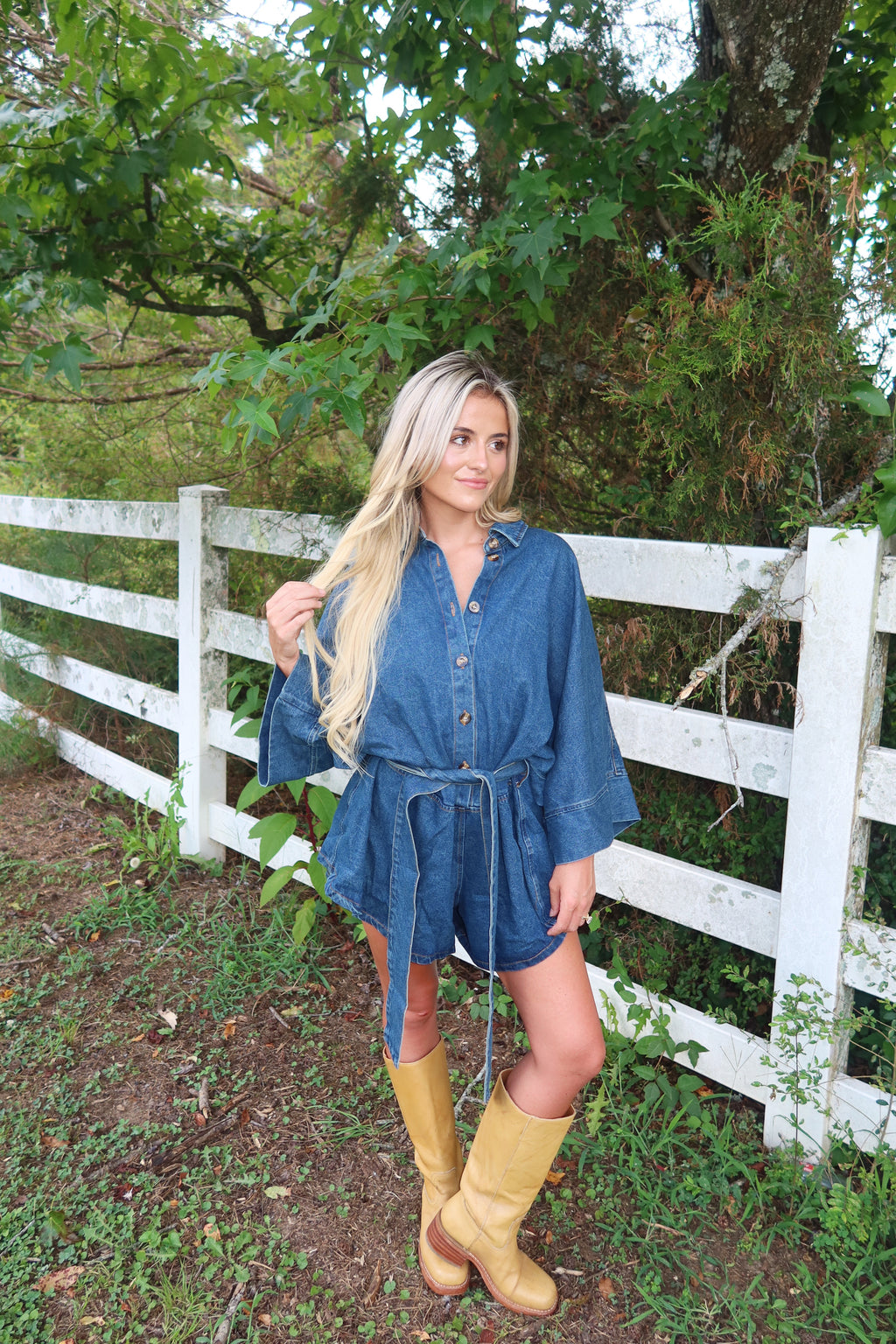 Raya Bell Sleeve Denim Romper