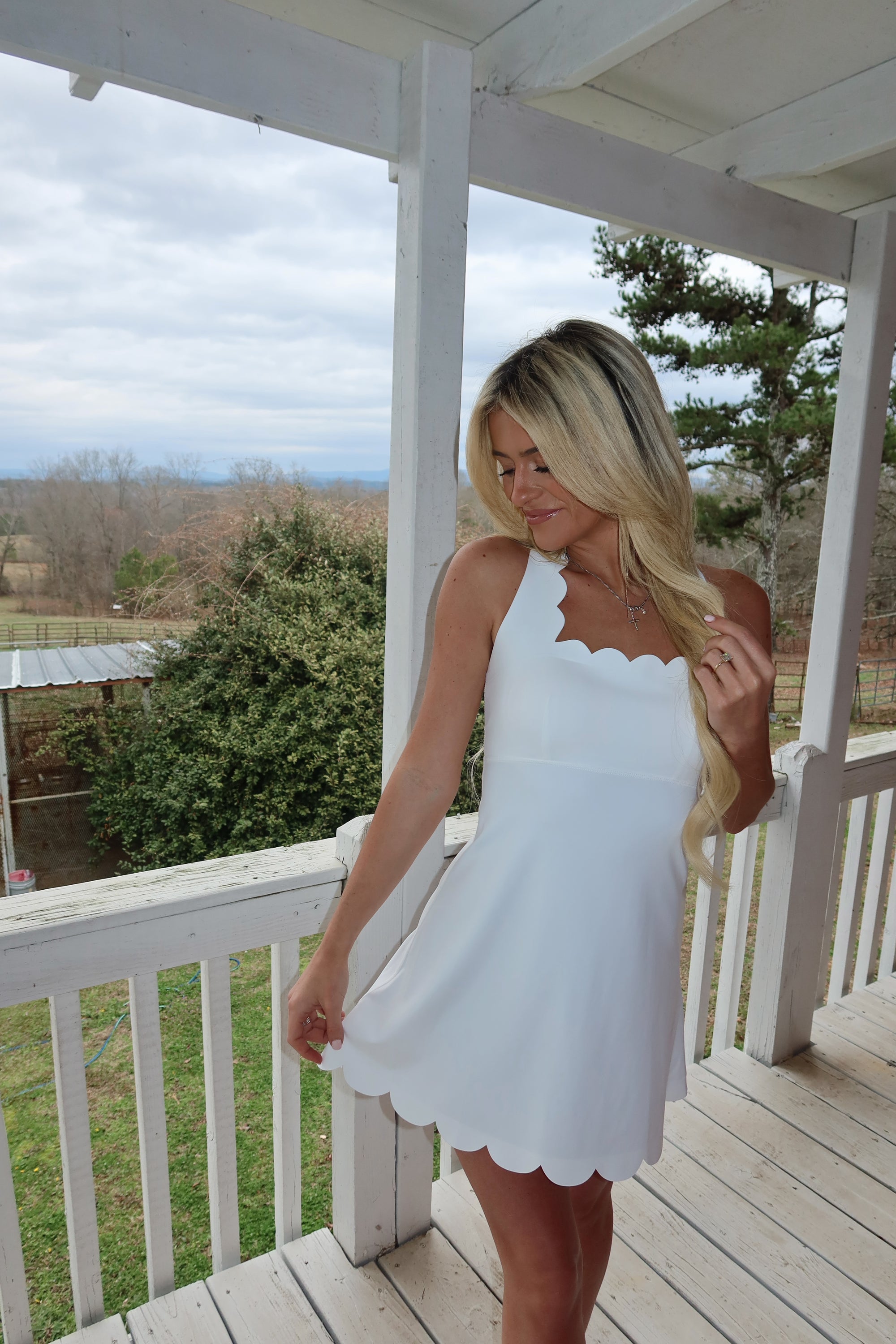 Willow Scalloped Fit and Flare Mini Dress (White)