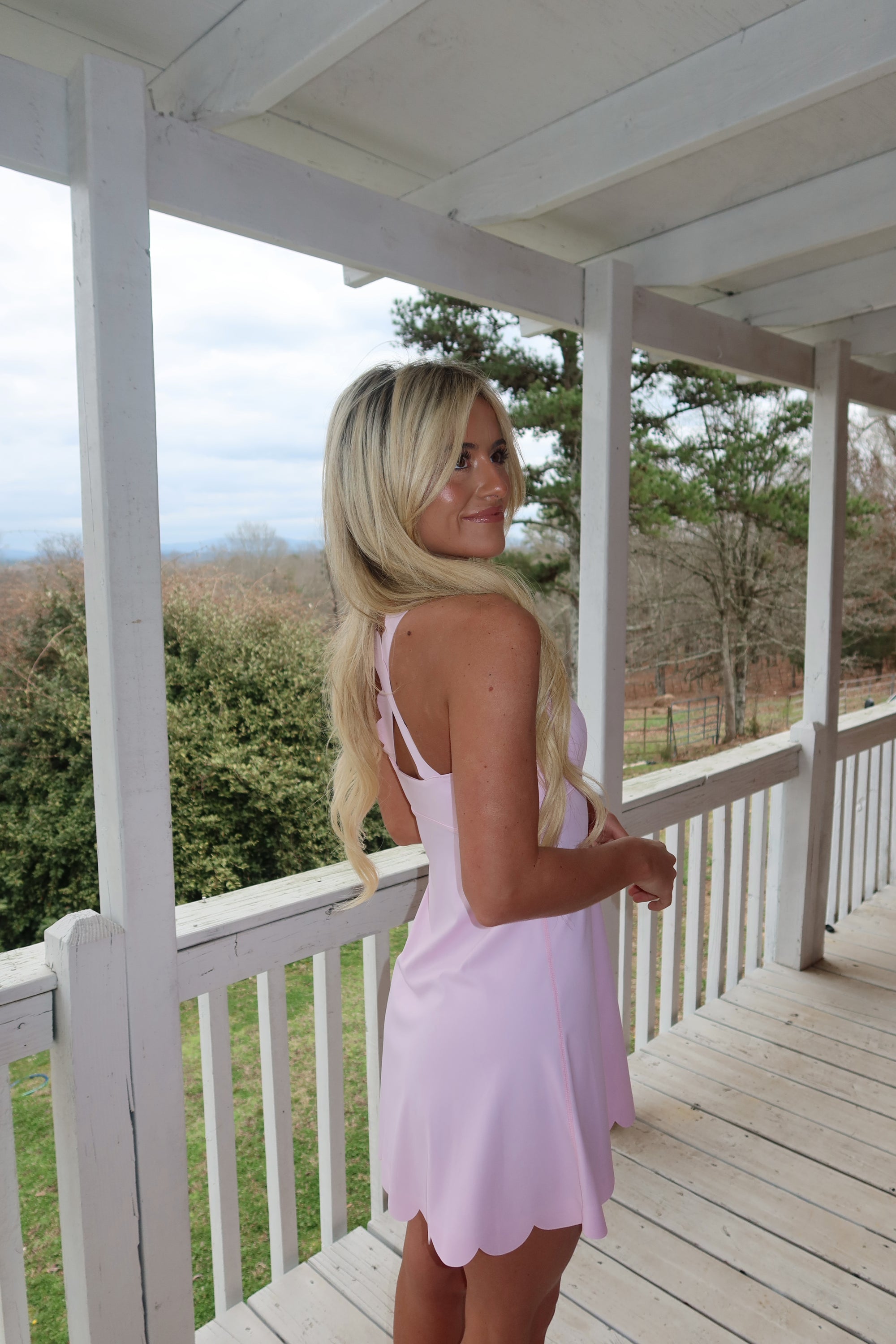 Willow Scalloped fit and flare mini dress (Pink)