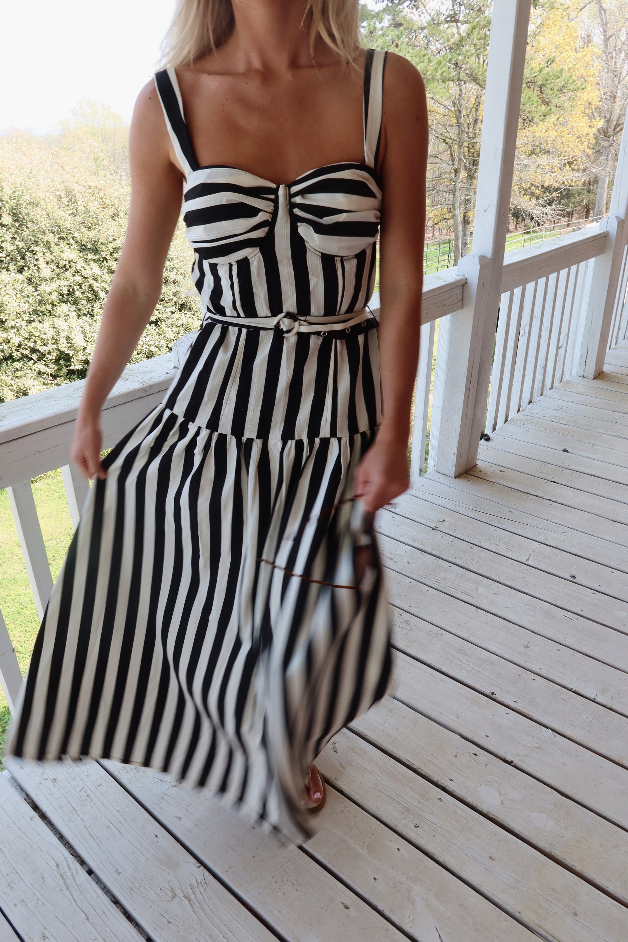 The Monaco Striped Belted Midi Dress