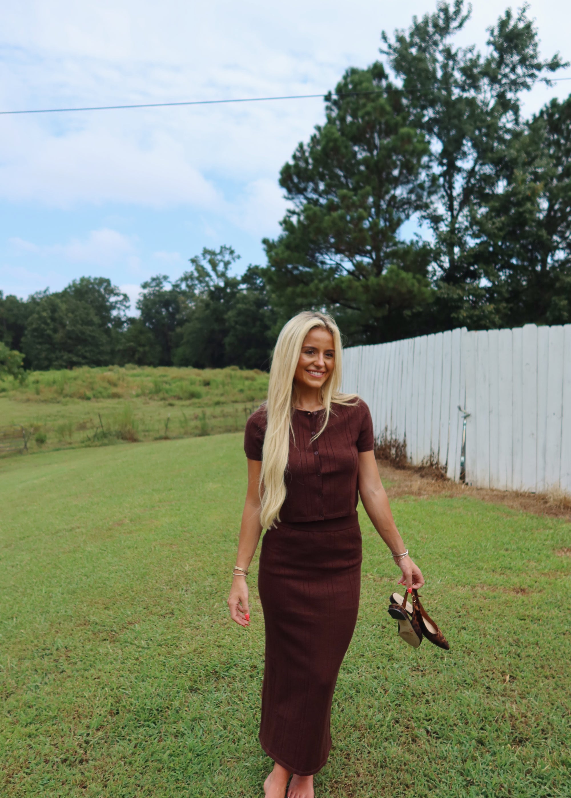 Button Down Pointelle Midi Skirt Set (Brown)