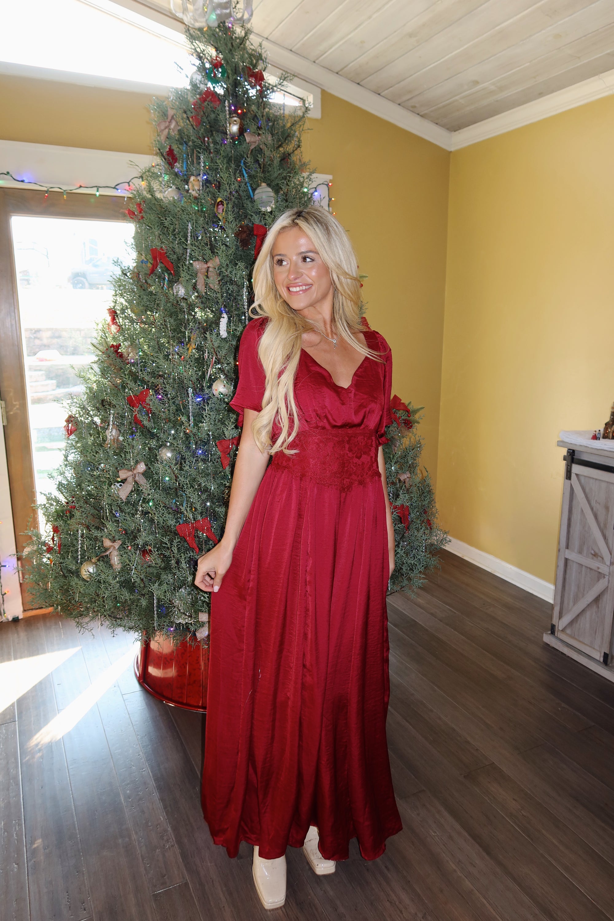 Cranberry Lace Maxi Dress