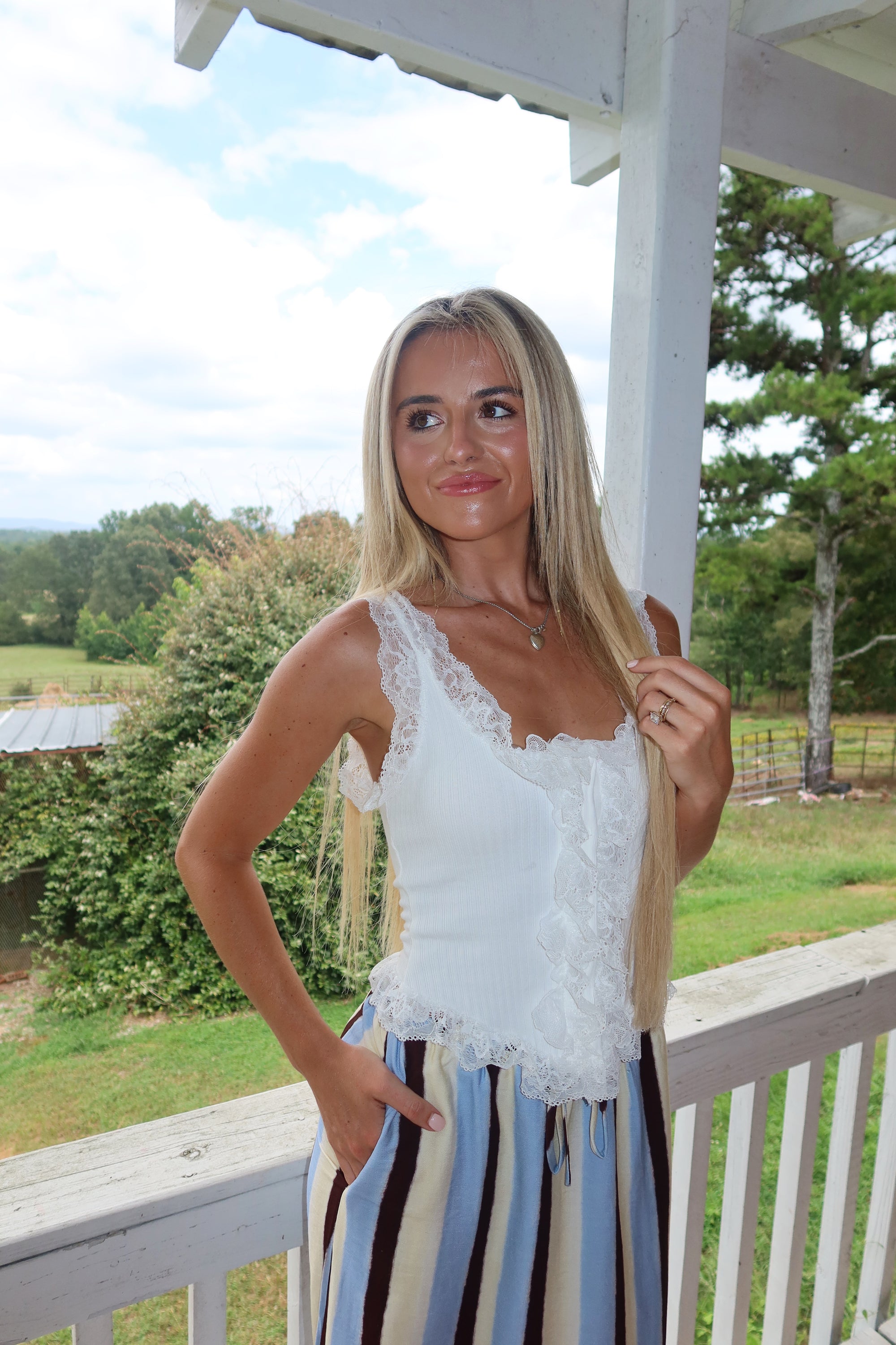 Ribbed Lace Trim Button Top