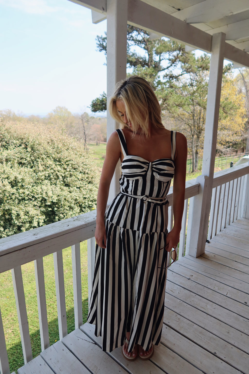 The Monaco Striped Belted Midi Dress