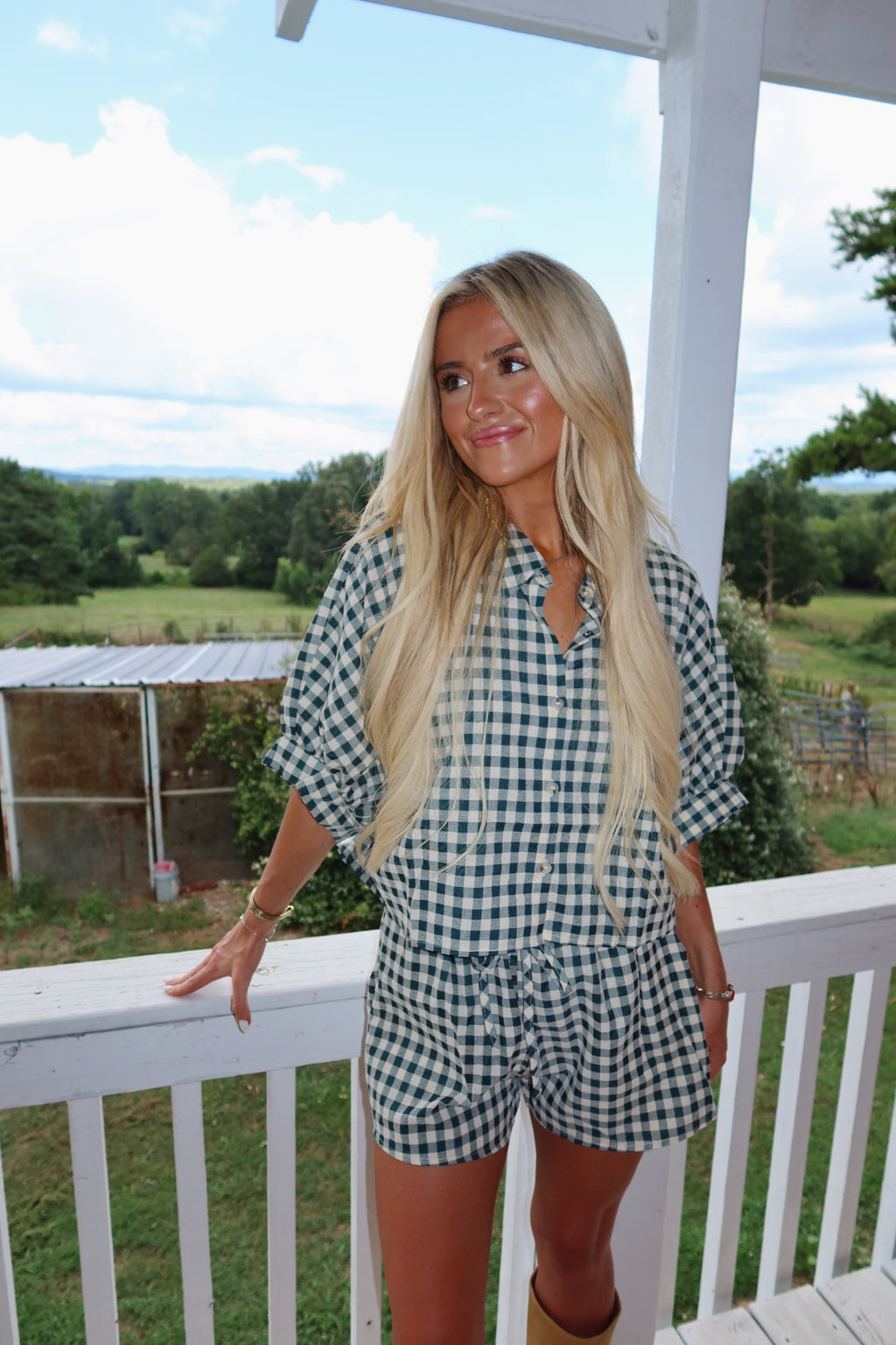 Gingham Cropped Button Down Set (Forest Green)