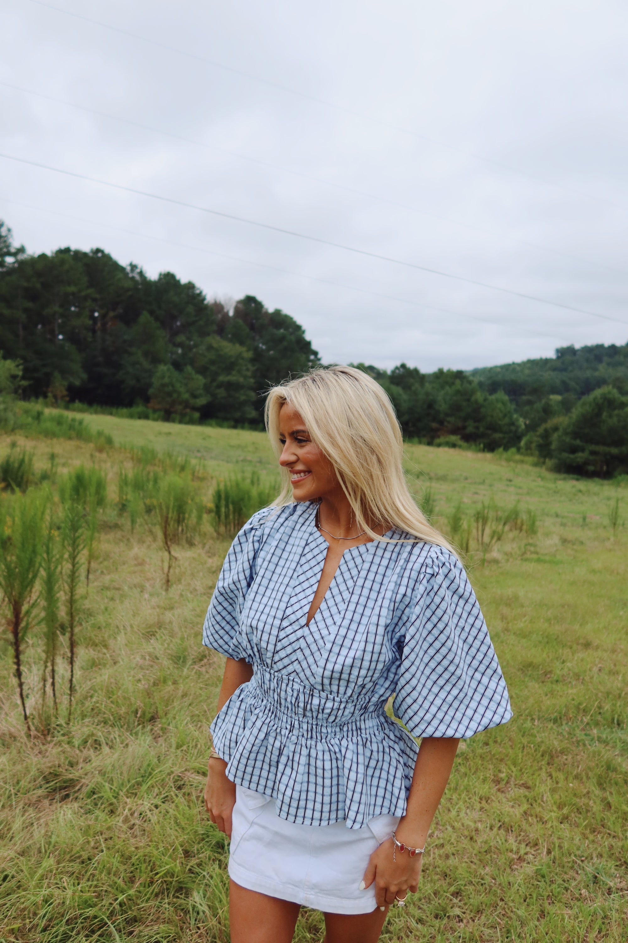 Checkered Puff Sleeve Blouse