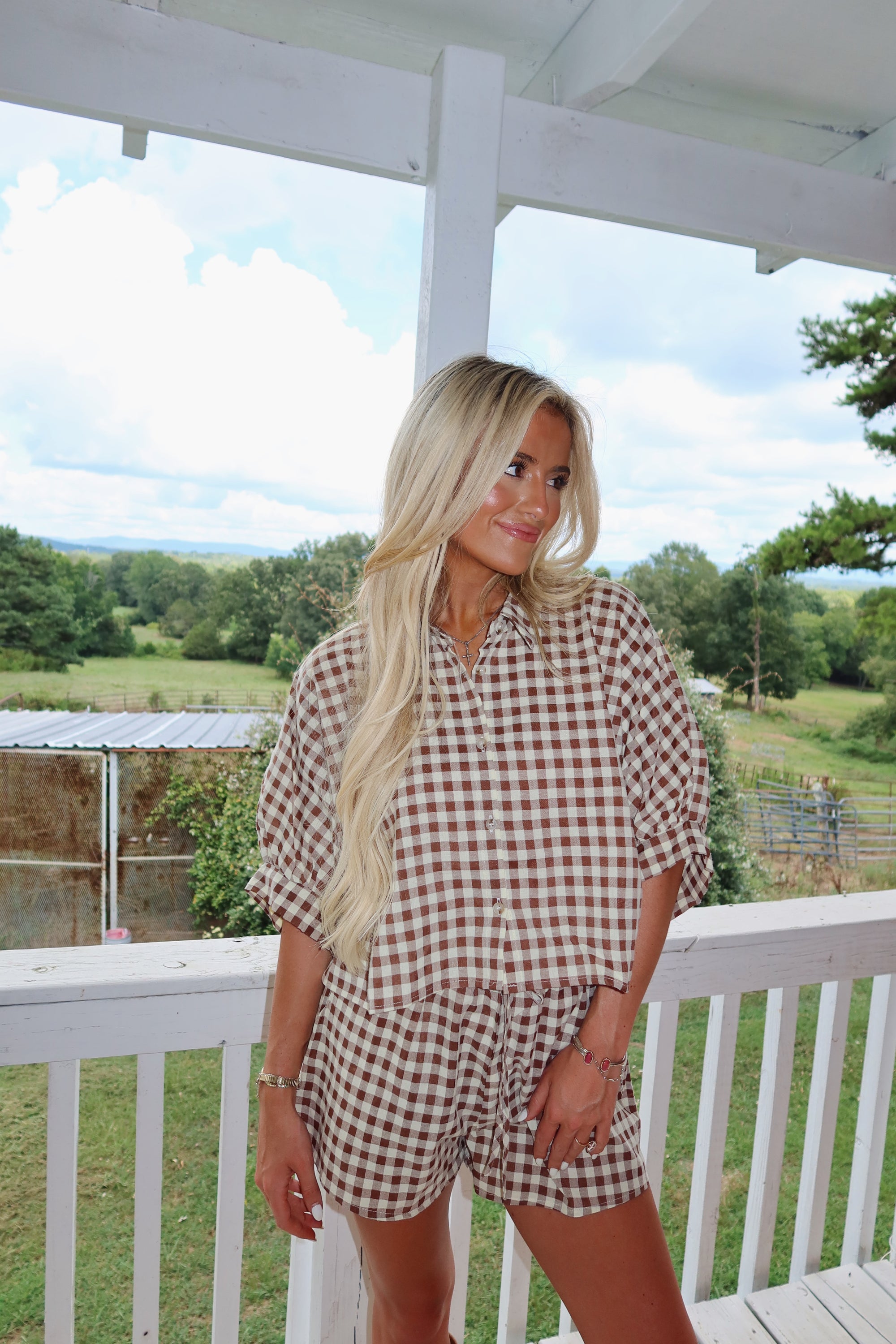 Gingham Cropped Button Down Set (Brown)