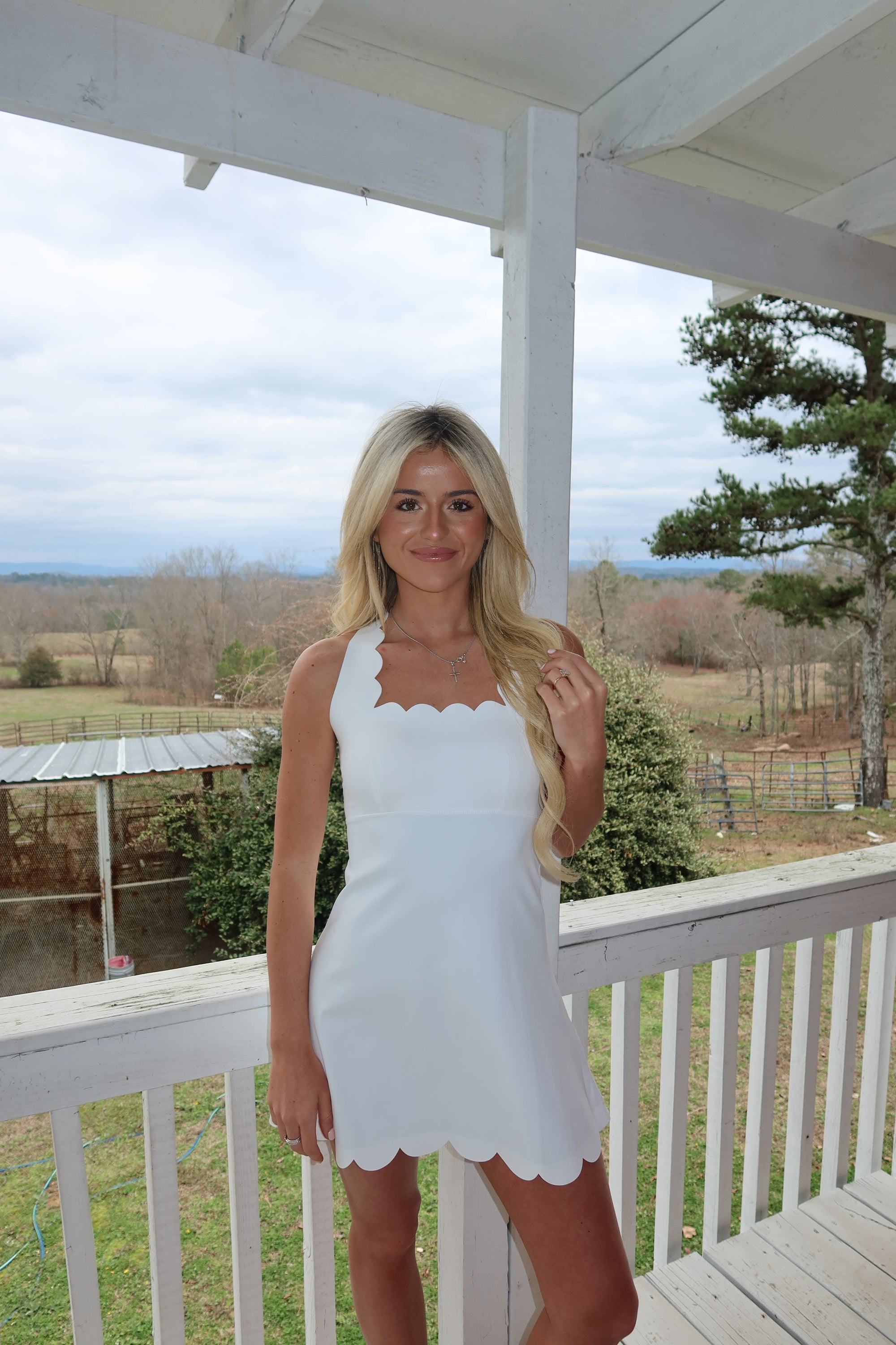 Willow Scalloped Fit and Flare Mini Dress (White)