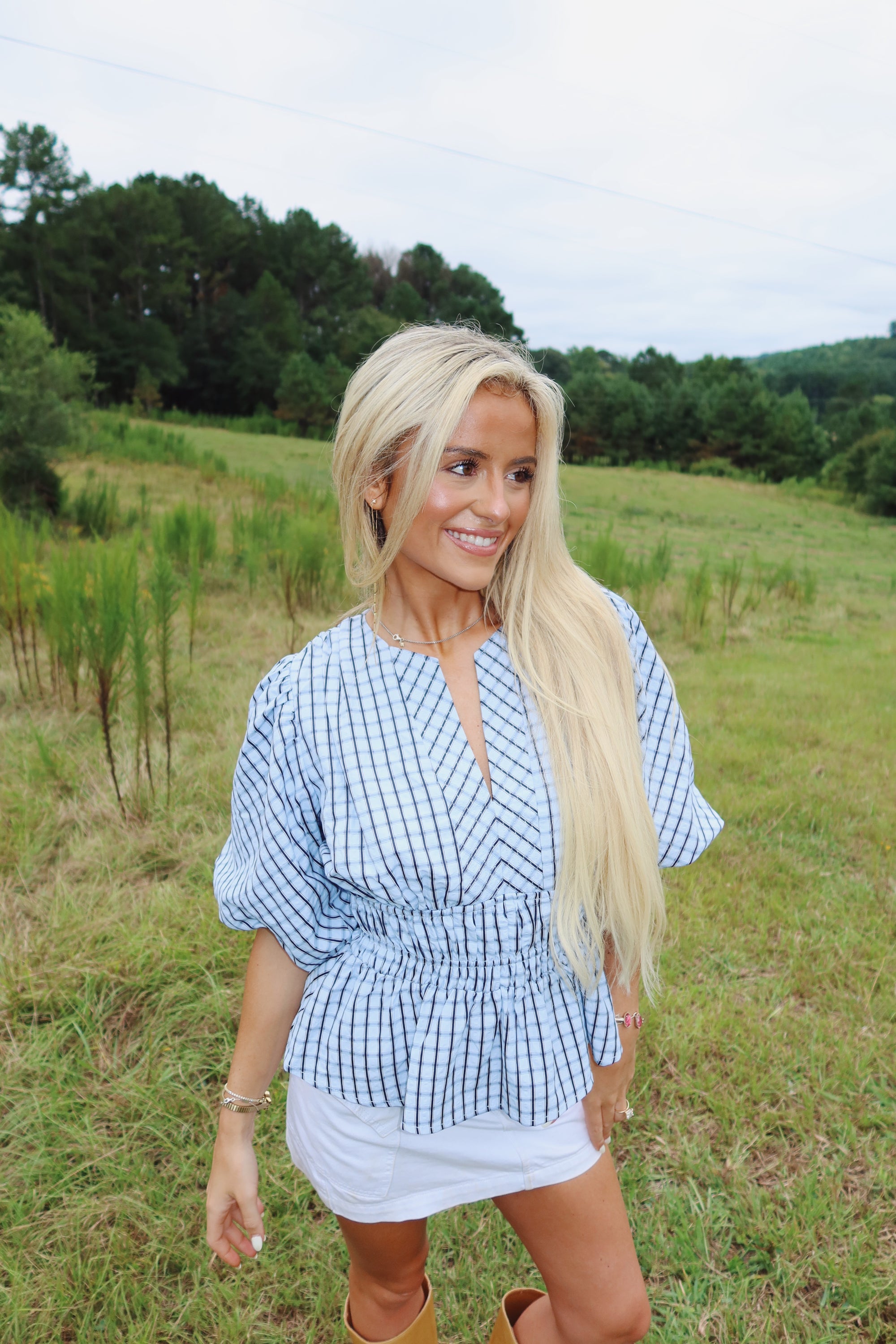 Checkered Puff Sleeve Blouse