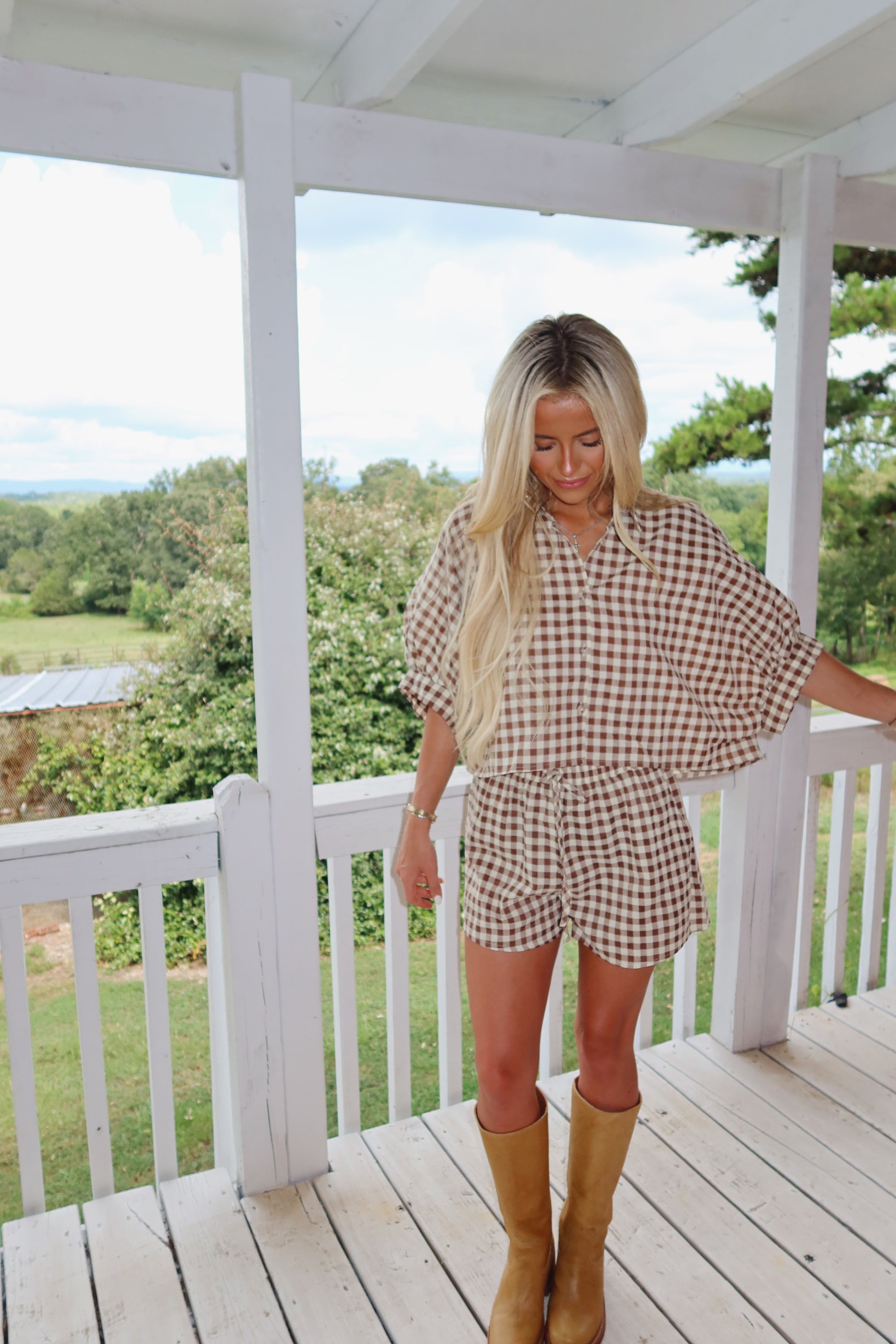 Gingham Cropped Button Down Set (Brown)
