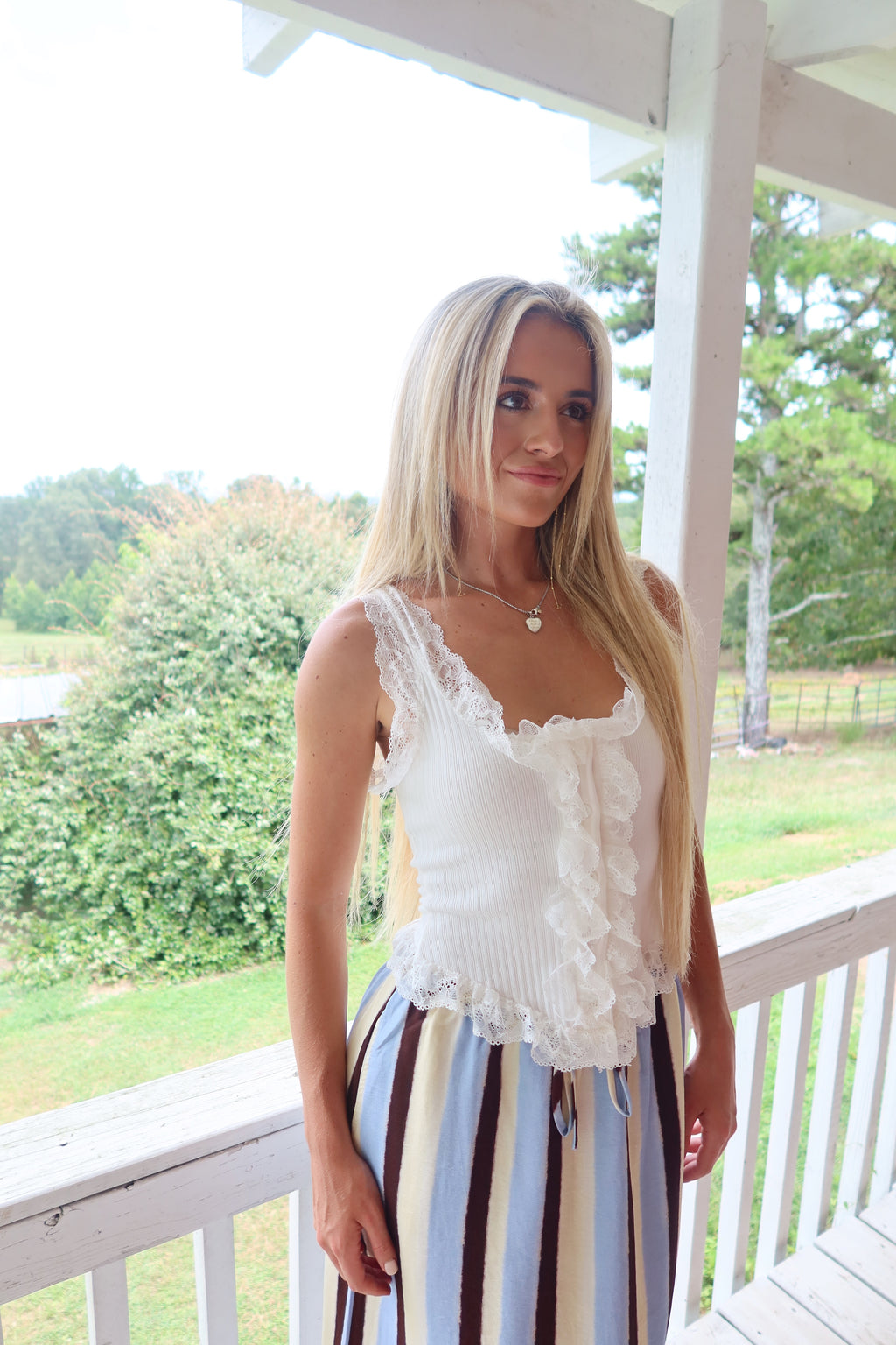Ribbed Lace Trim Button Top