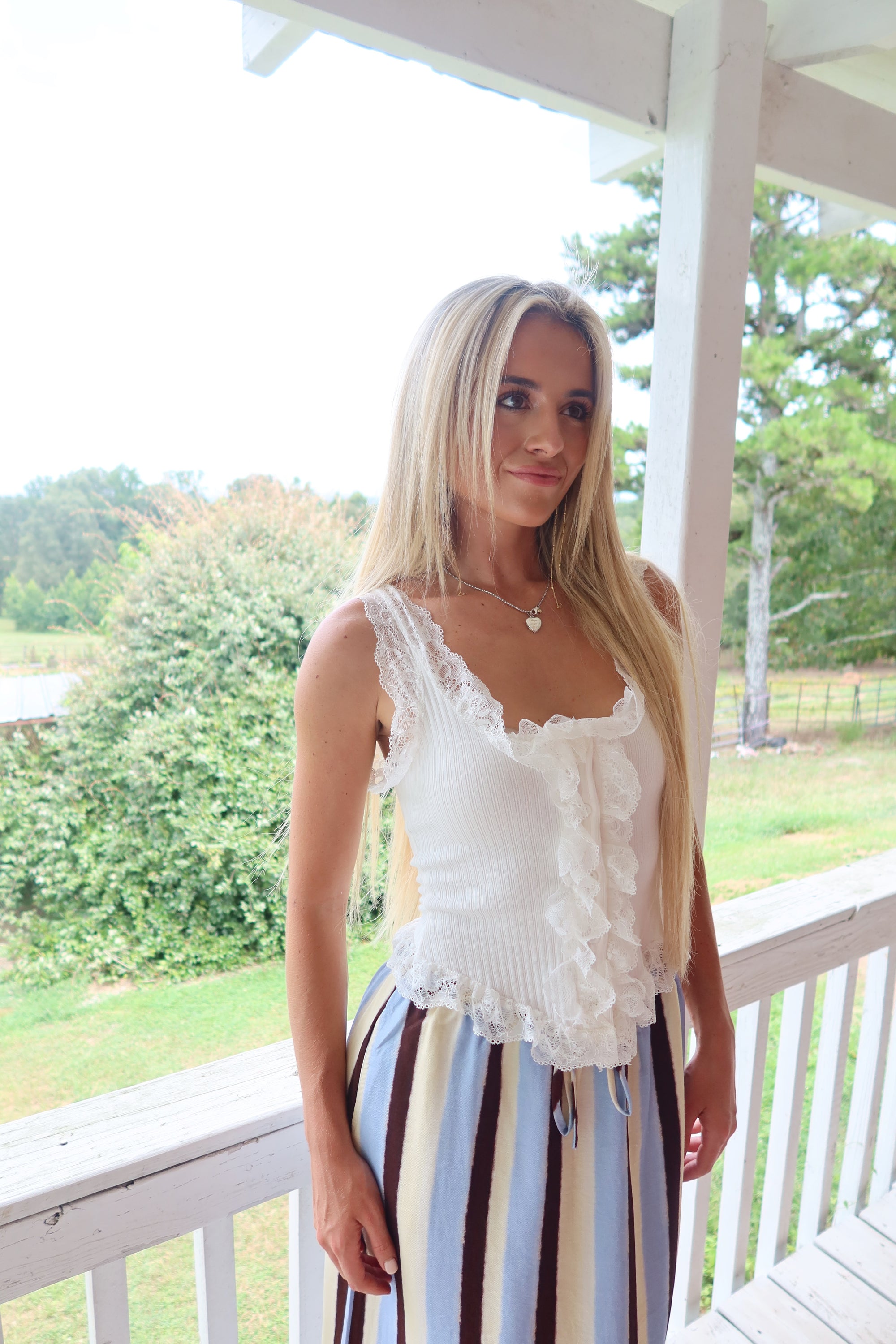 Ribbed Lace Trim Button Top