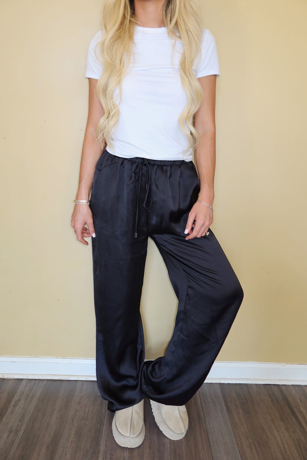Satin Waist Tie Pants (Black)