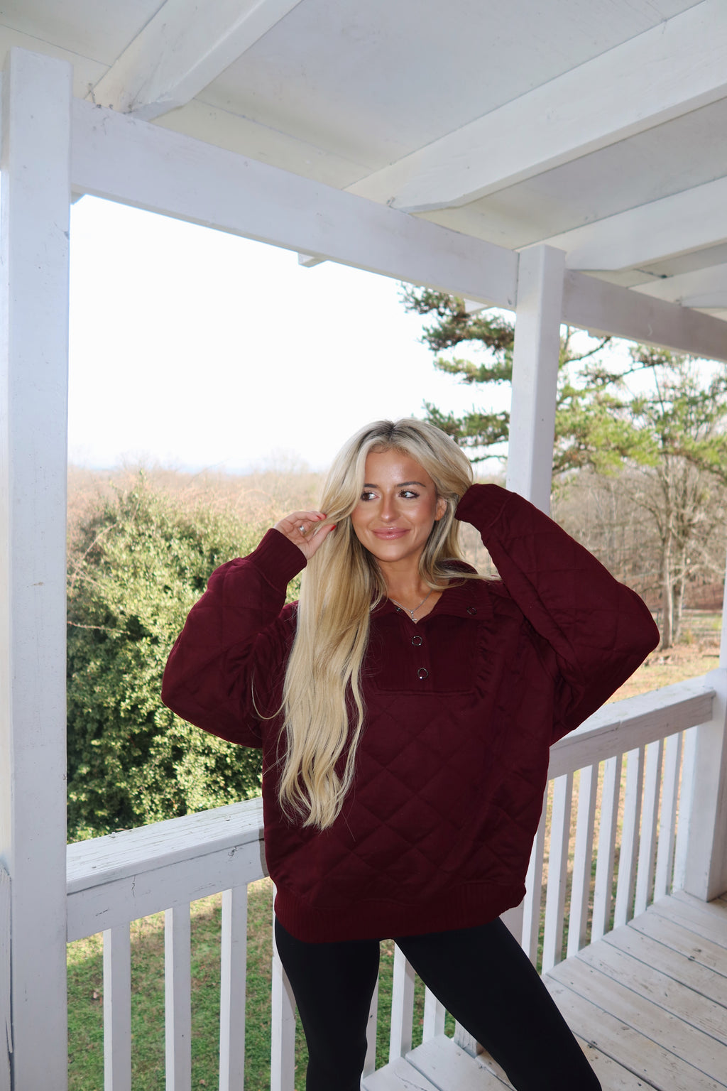 Dark Cherry Quilted Snap Pullover