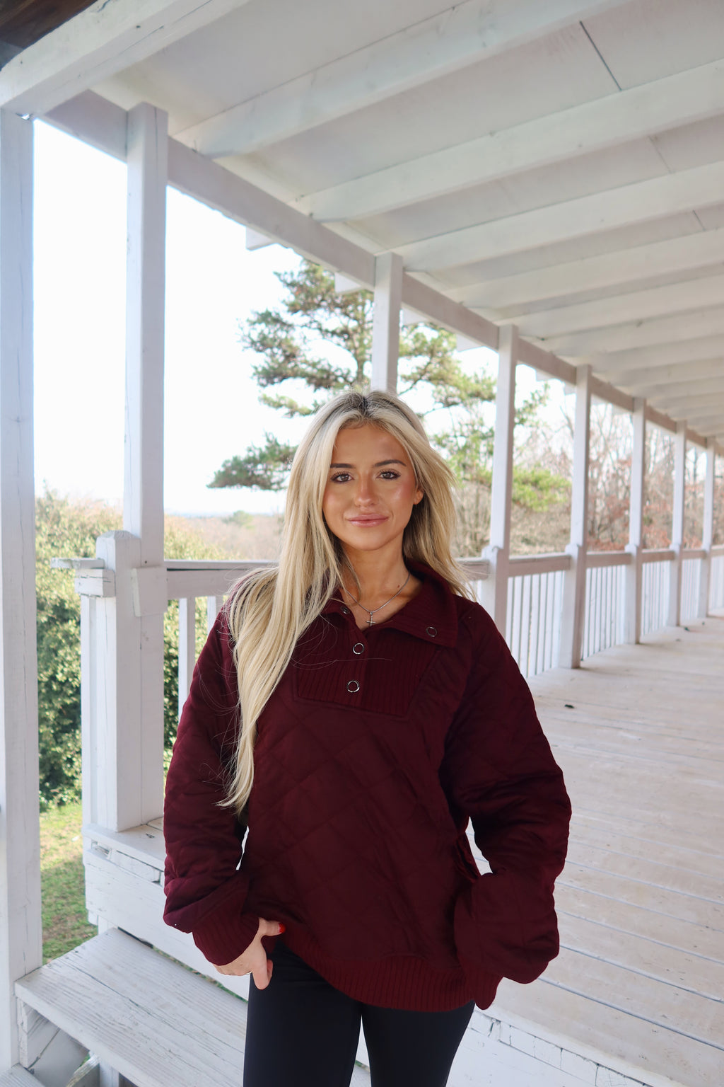 Dark Cherry Quilted Snap Pullover