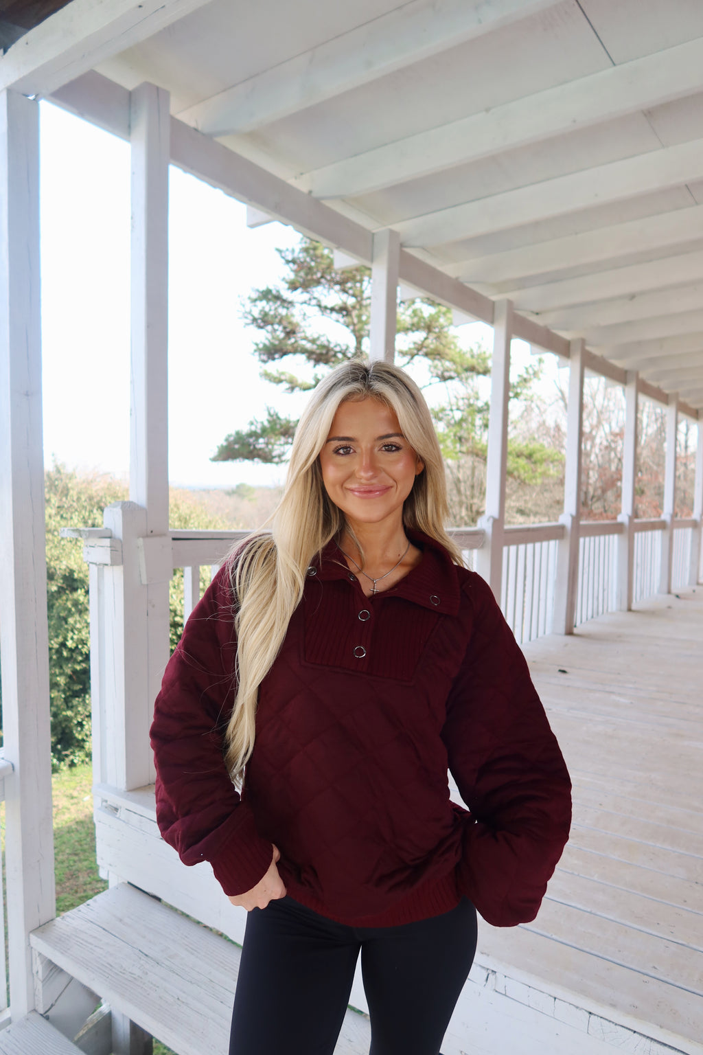 Dark Cherry Quilted Snap Pullover