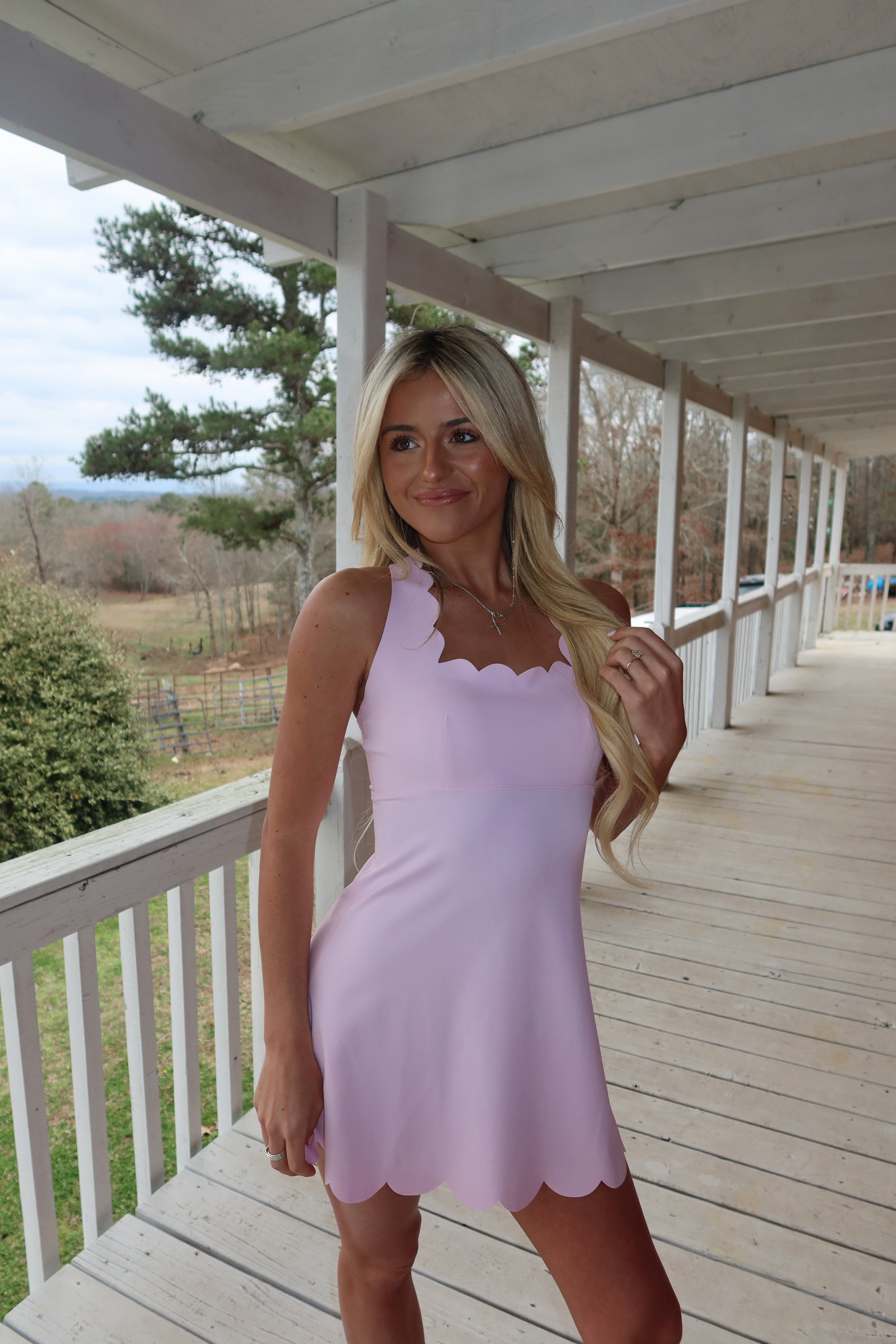 Willow Scalloped fit and flare mini dress (Pink)