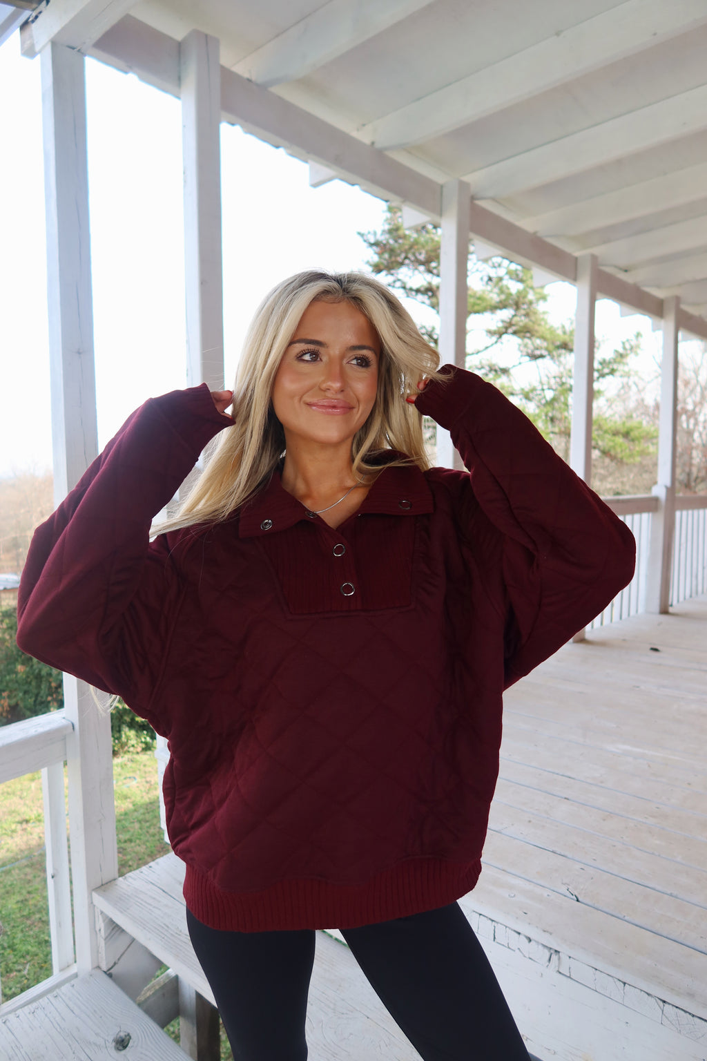 Dark Cherry Quilted Snap Pullover