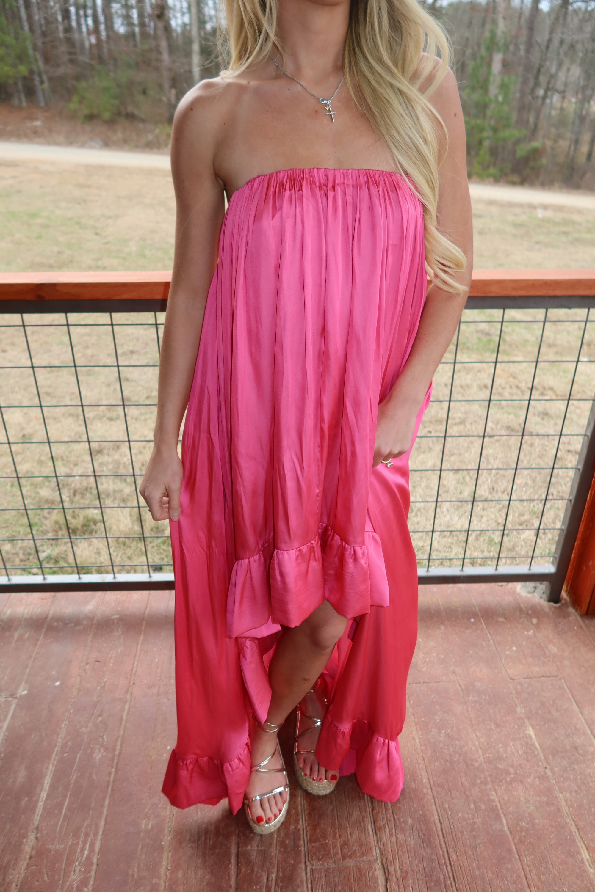 Paloma High Low Satin Dress (Fuchsia)