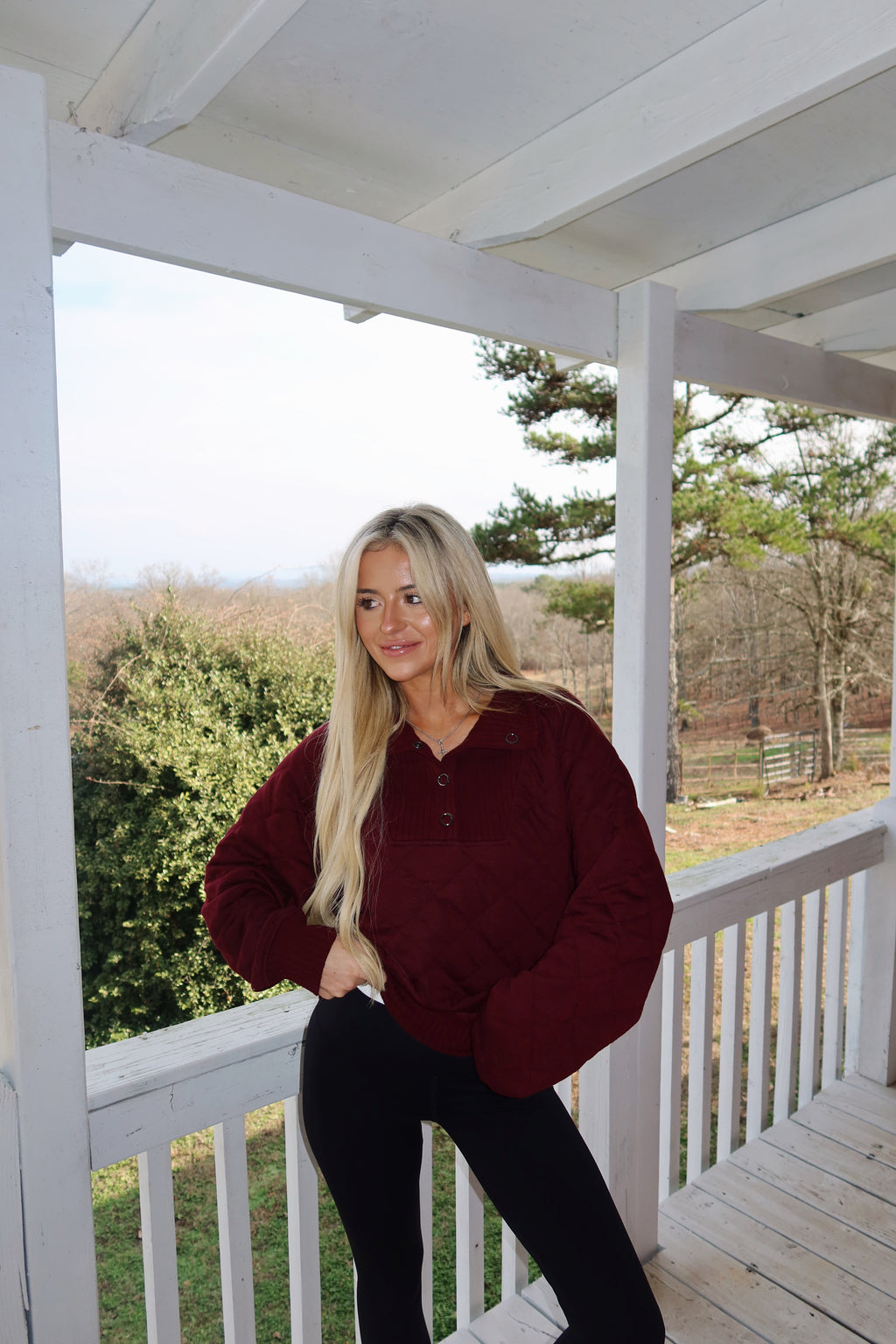 Dark Cherry Quilted Snap Pullover
